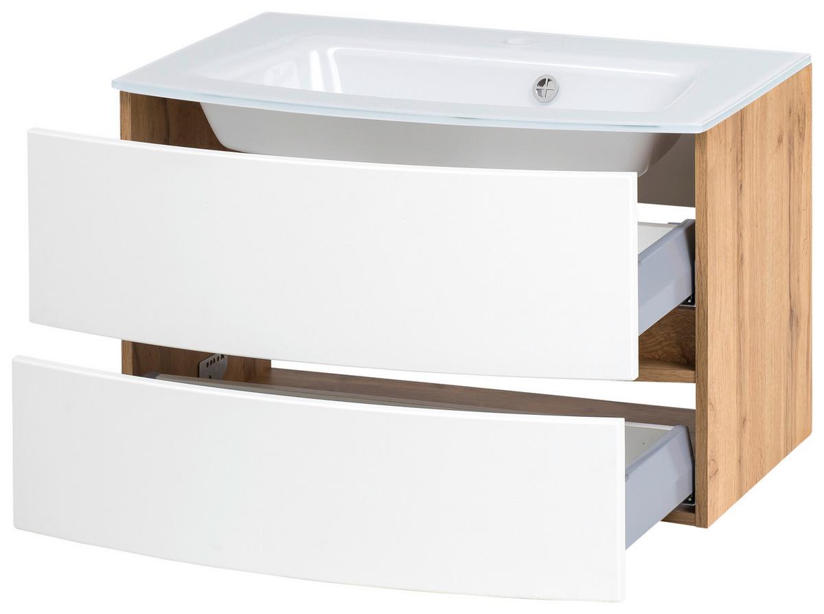 Waschbecken Mit Unterschrank Kopenhagen B: 80cm Weiß - Eichefarben/Weiß, KONVENTIONELL, Glas/Holzwerkstoff (80cm) - Held