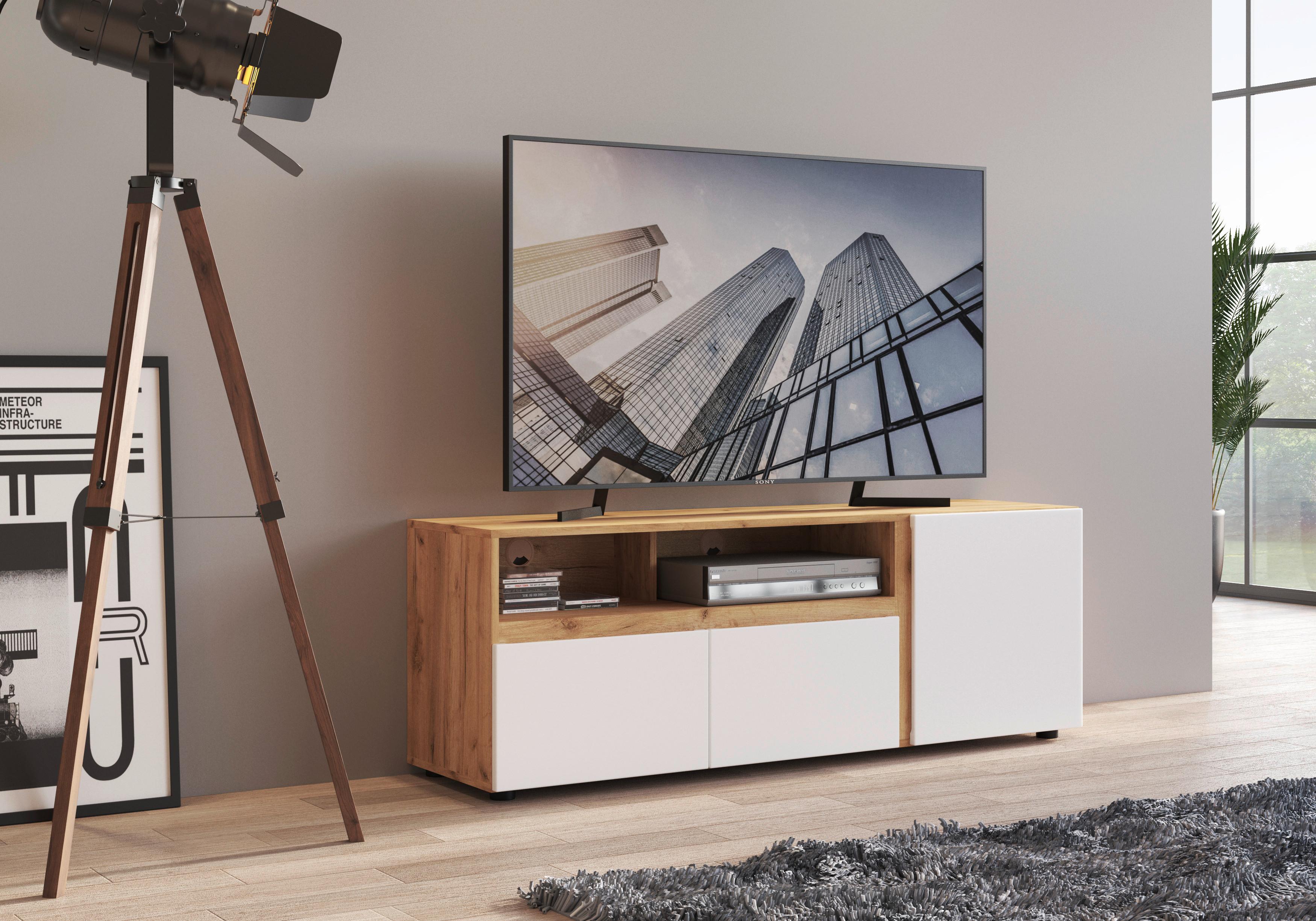 Tv-elem Morongo 148,9/39,6cm - tölgyfa/fehér, Modern, faalapú anyag (148,9/39,6/52,5cm)