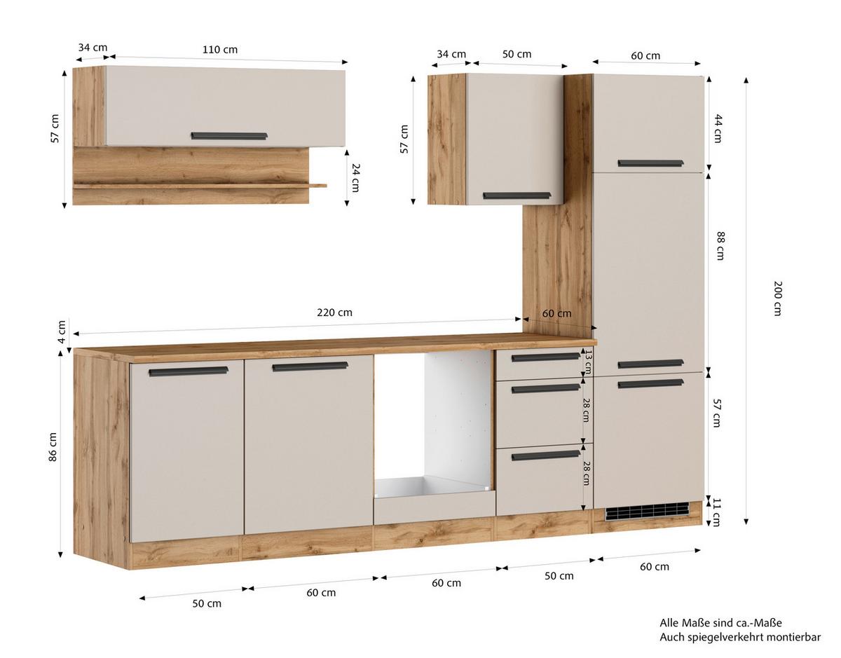 Küchenleerblock Aveiro Kaschmir/Eiche Wotan B: 280cm - Kaschmir/Eiche Wotan, Trend, Holzwerkstoff (280cm) - Held