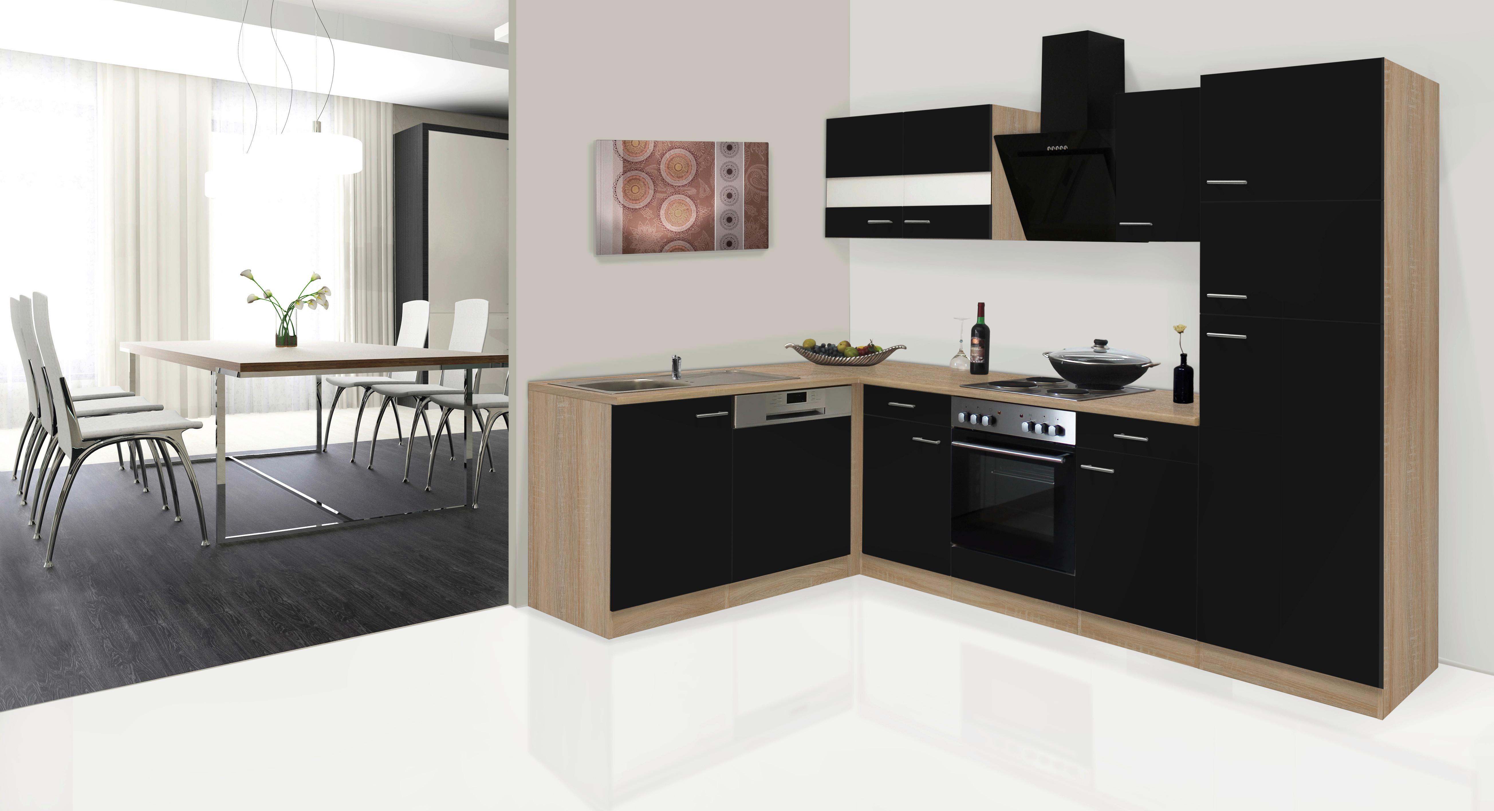 Eckküche Economy mit Geräten 172x280 cm Schwarz/Eiche Dekor - Eichefarben/Schwarz, Basics, Glas/Holzwerkstoff (172/280cm) - Respekta