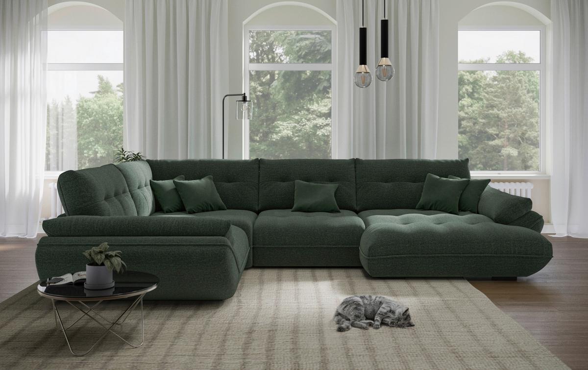 Sedacia súprava VIVO U, ľavá, lesná zelená ženilka - čierna/lesná zelená, Modern, textil/plast (293/402/179cm)