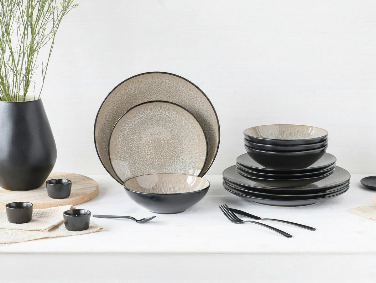 Tafelservice Malmö Beige Schwarz/beige, 12-Teilig - Beige/Schwarz, Basics, Keramik - Creatable