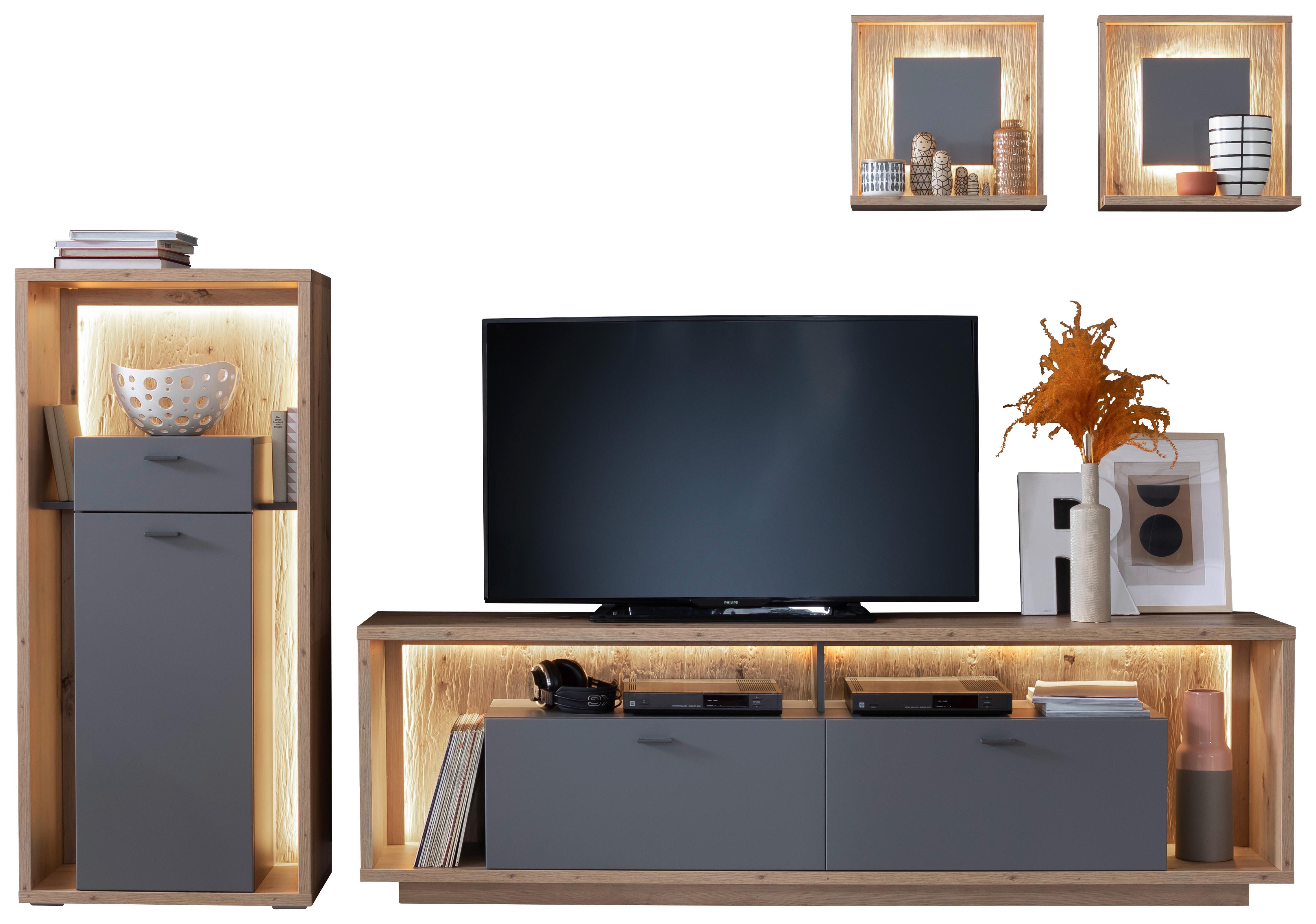 Wohnkombination 4-Tlg. Lizzano Grau/Eichefarben - Eichefarben/Grau, Design, Holzwerkstoff (286/200/40cm) - MID.YOU