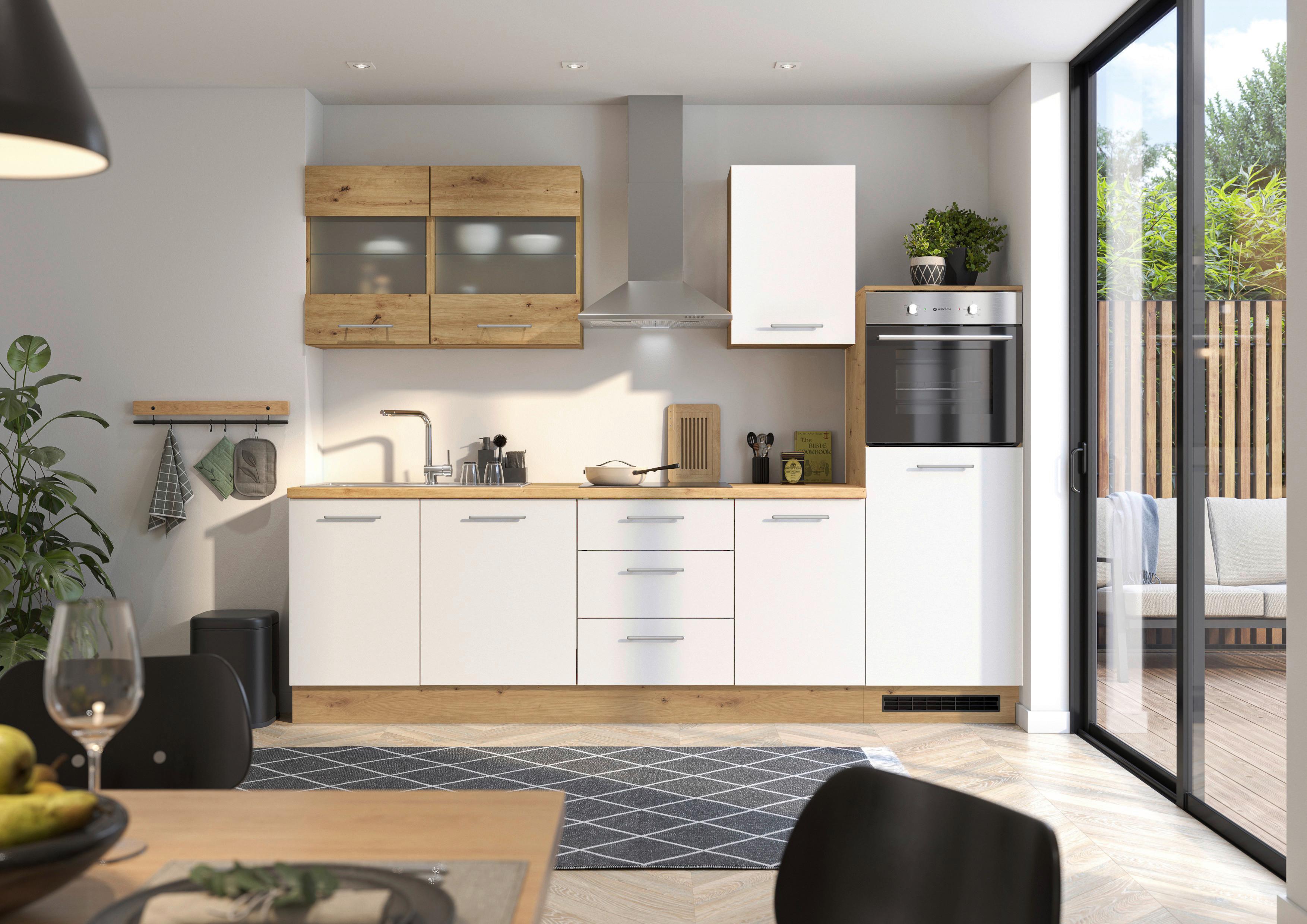 Küchenblock Capri Weiß/Eiche Dekor B: 280 cm - Weiß/Eiche Artisan, Basics, Glas/Holzwerkstoff (280cm) - MID.YOU