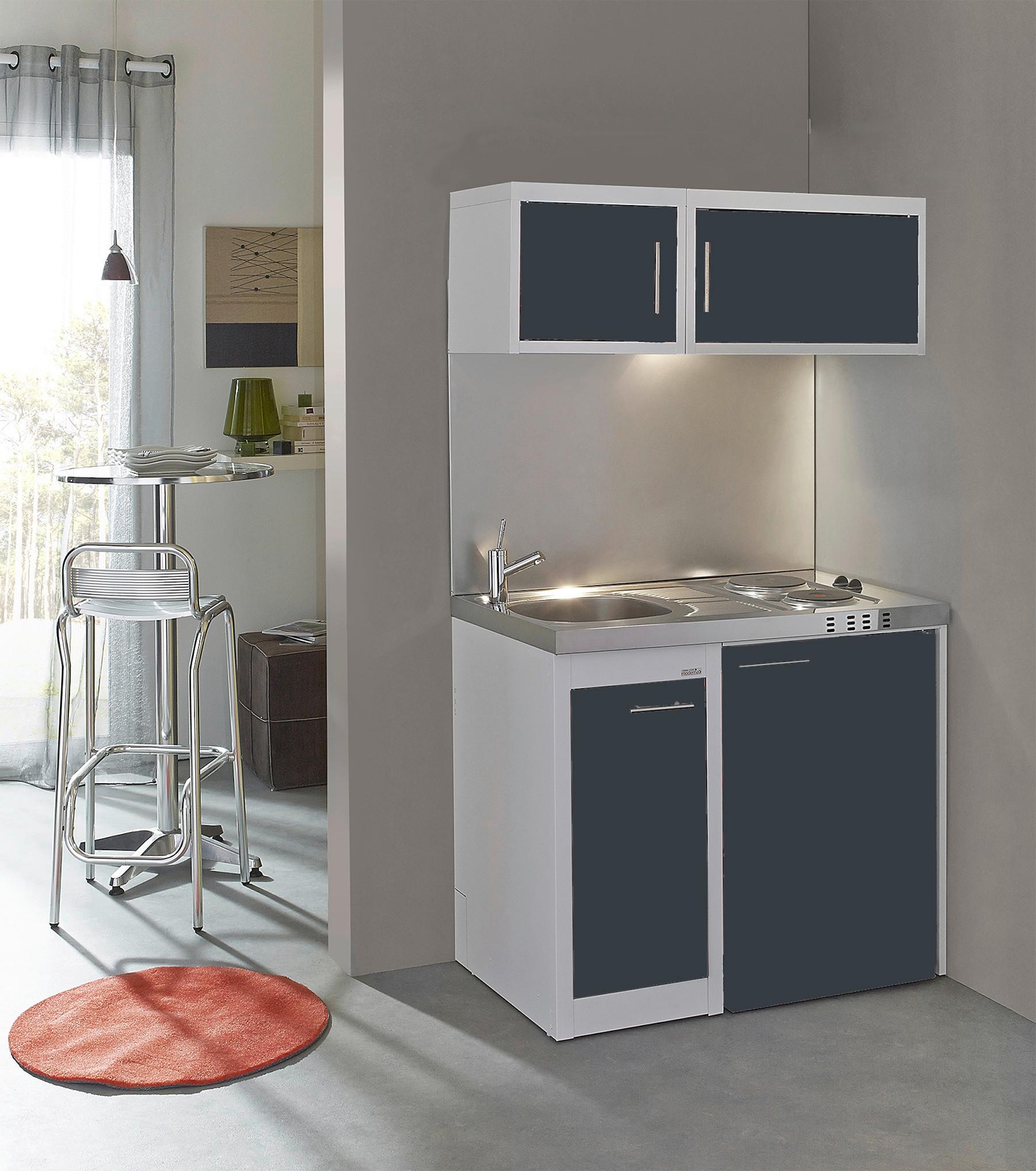 Miniküche mit Kühlschrank + Kochfeld 100 cm Anthrazit/Weiß - Edelstahlfarben/Anthrazit, KONVENTIONELL, Metall (100cm) - Respekta