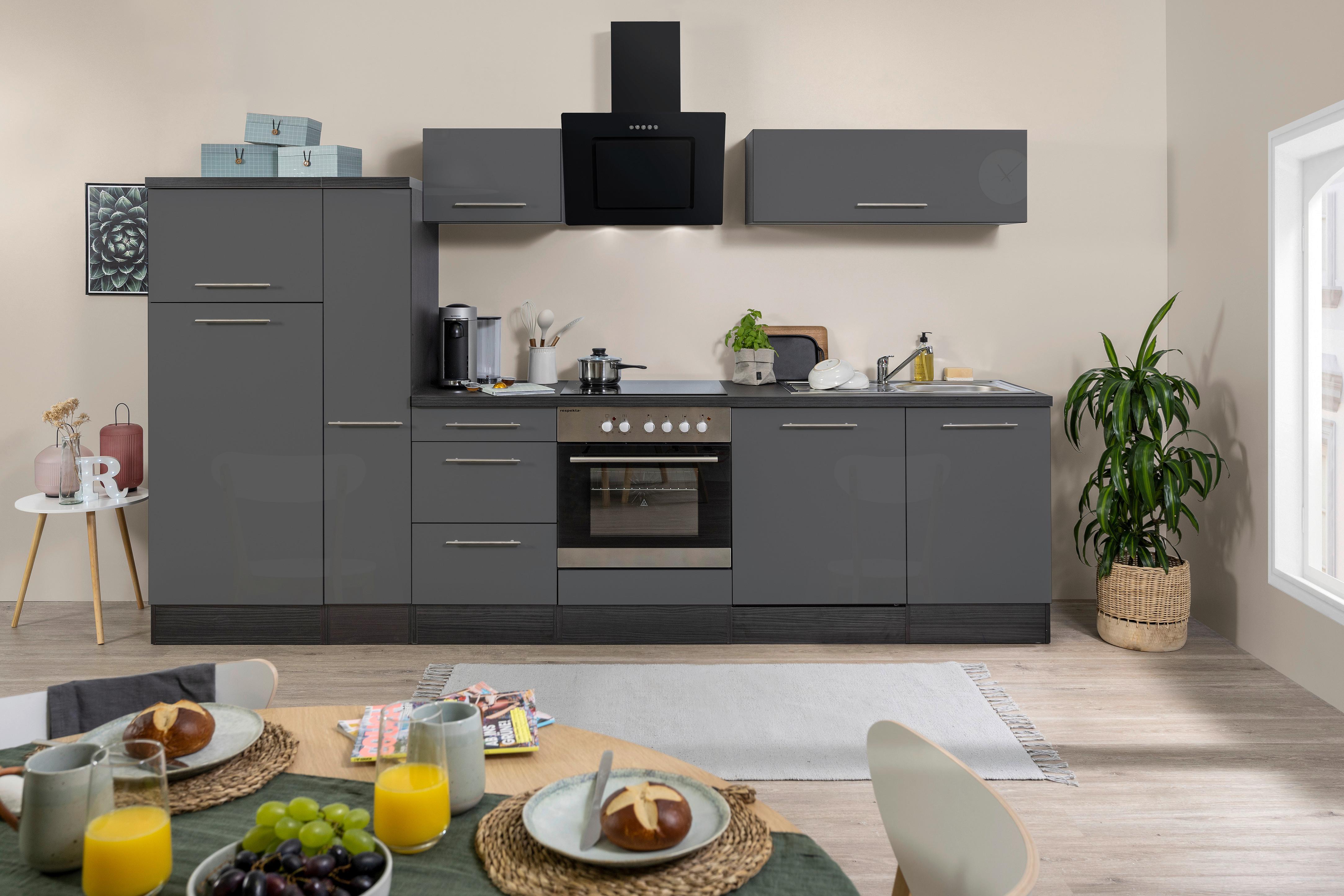 Küchenzeile mit Geräten 310 cm Grau/Eichefarben - Eichefarben/Grau, Basics, Holzwerkstoff (310cm) - Respekta