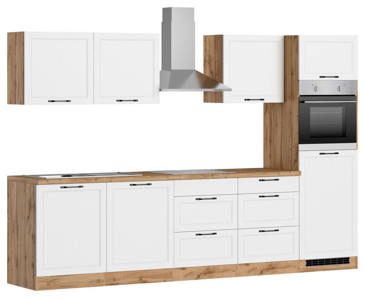 Küchenzeile Meran mit Geräten B: 300 cm Weiß/Eiche Dekor - Eiche Wotan/Weiß, LIFESTYLE, Holzwerkstoff (300cm) - Held