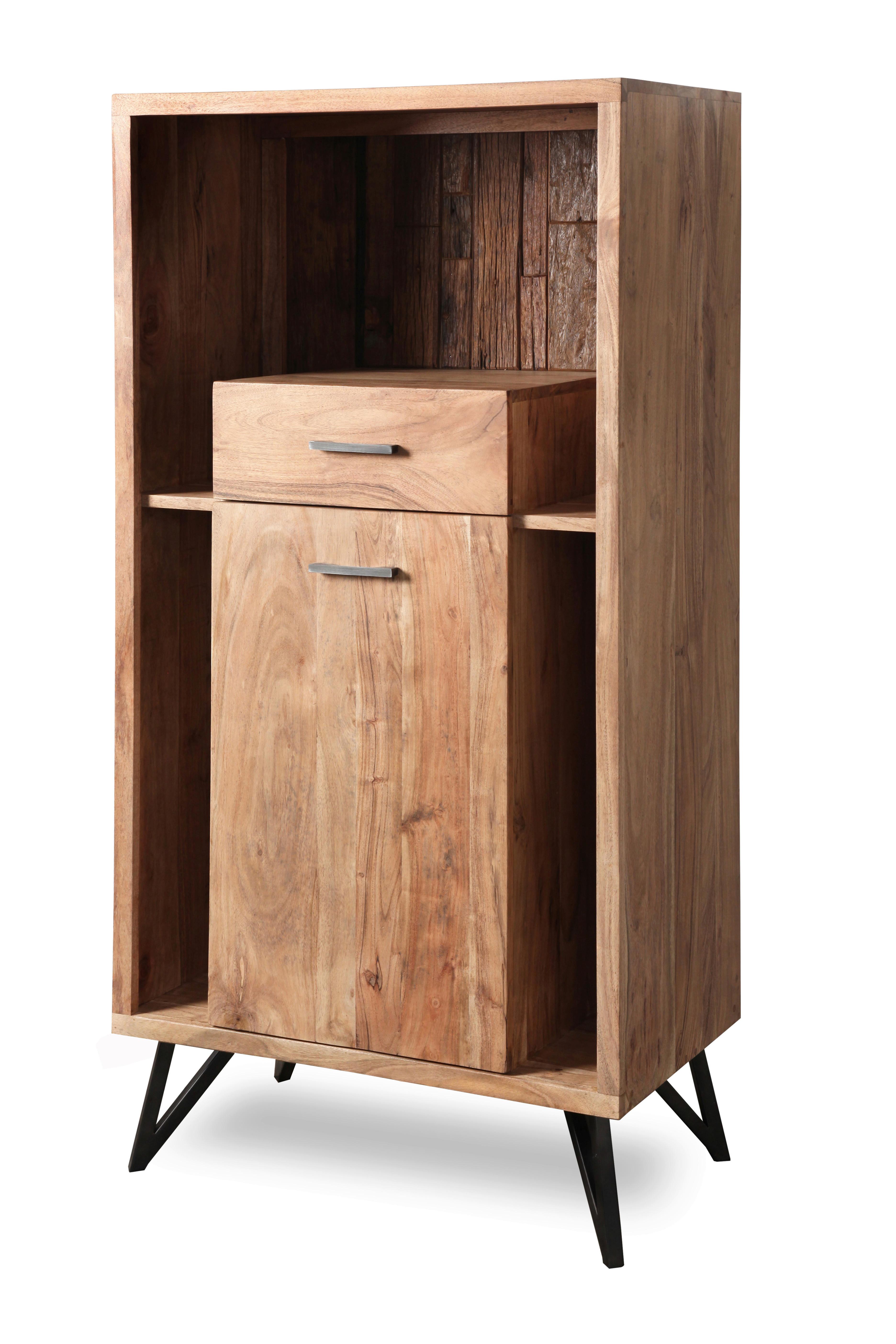 Highboard Indira Akazie Massiv, B: 72 cm - Schwarz/Akaziefarben, ROMANTIK / LANDHAUS, Holz/Metall (72/150/40cm)