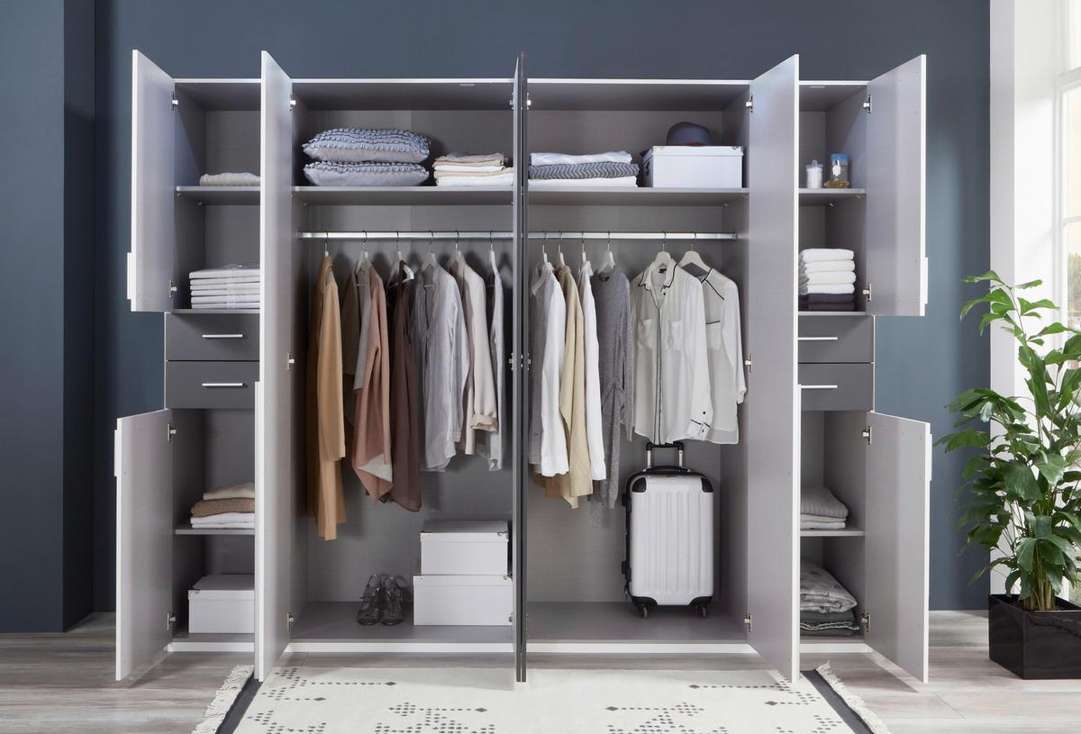 Drehtürenschrank Mit Spiegel + Laden B: 270 Cm Vegas, Weiß - Graphitfarben/Weiß, Basics, Holzwerkstoff (270/208/58cm) - MID.YOU