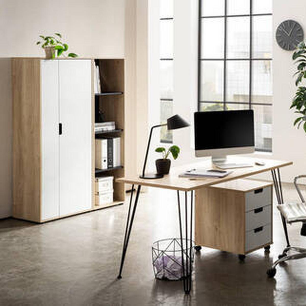 Aktenschrank Emmik Weiß/ Schwarz/Eiche Dekor B: 65,1cm - Eichefarben/Schwarz, MODERN, Holzwerkstoff (65,1/163,6/41cm) - MID.YOU