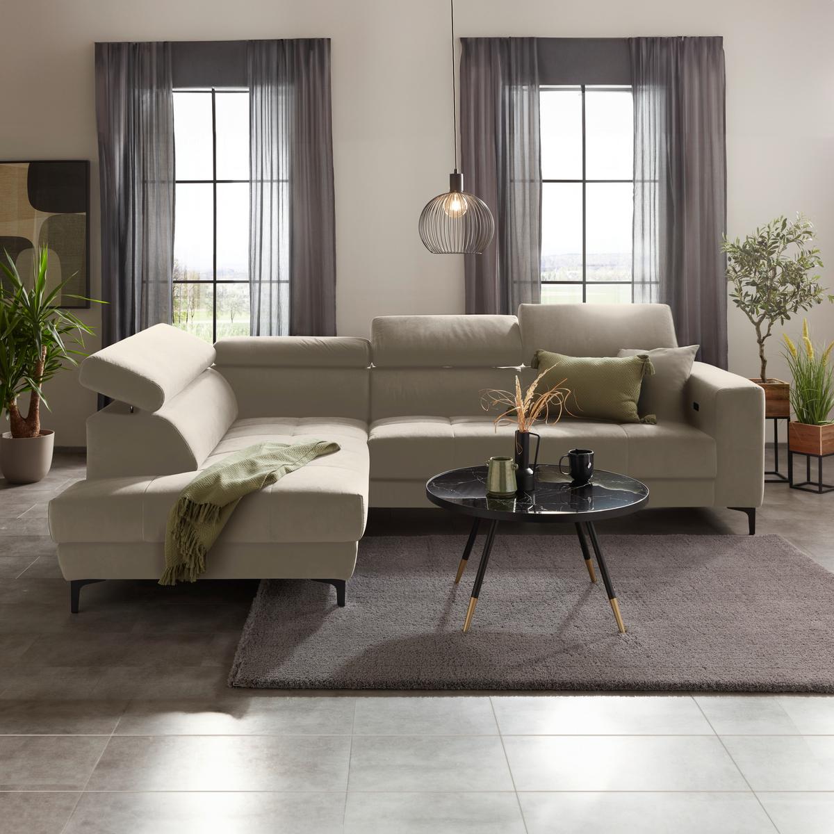 Rohová sedačka EMMA, levá, béžová,op.hl,USB,el.výsuv - černá/béžová, Moderní, textil (210/301cm) - Premium Living