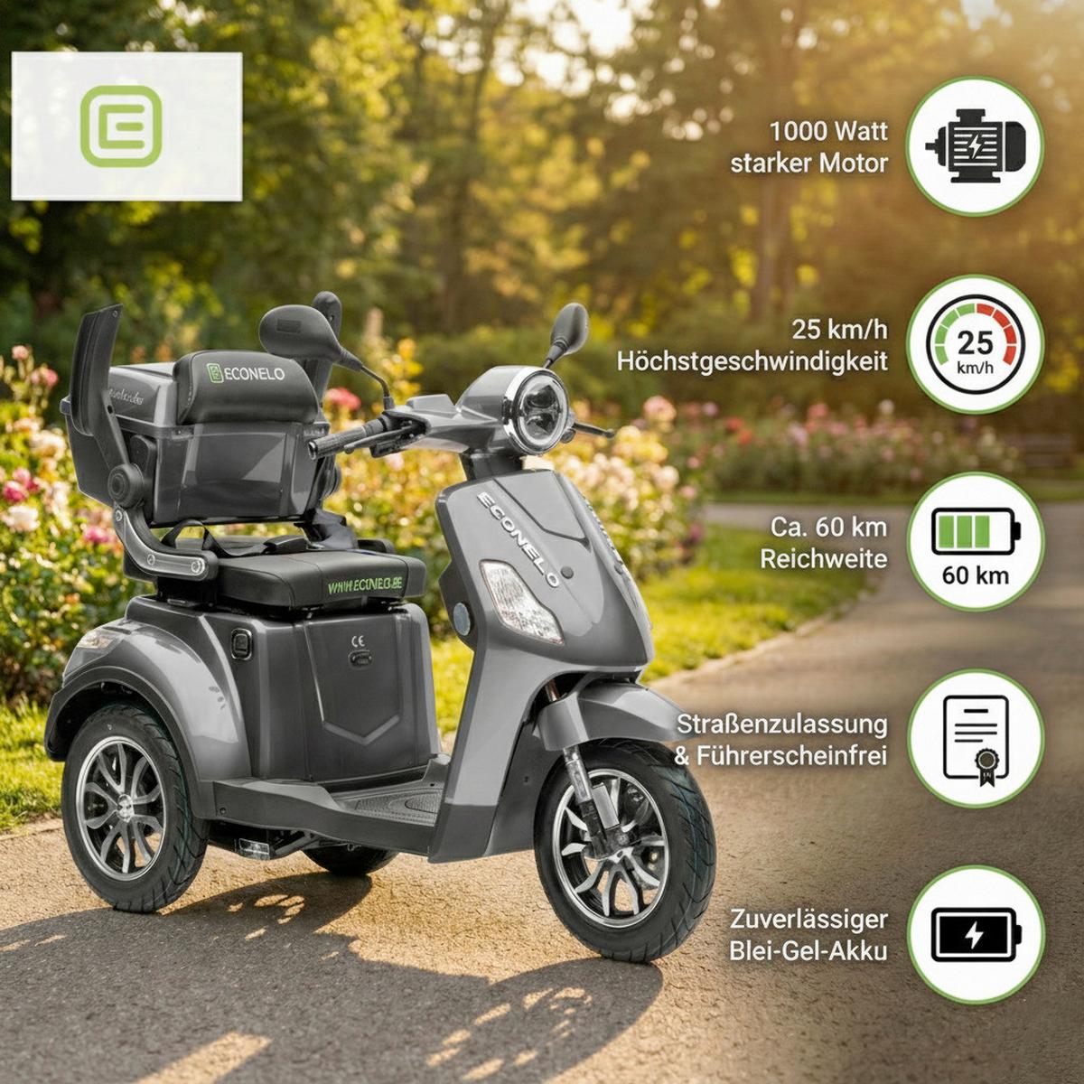 E-Seniorenmobil YOGI-IQL Lithium-Akku, 3-Rad, 1000W - Grau, Basics, Kunststoff/Metall (152/67/102cm)
