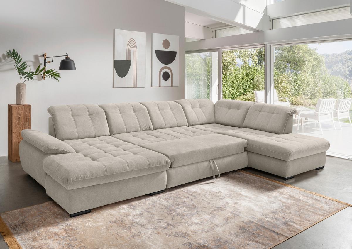 Wohnlandschaft mit Bettkasten Rigatti Beige B: 387 cm - Beige/Schwarz, MODERN, Textil (184/387/252cm) - Livetastic