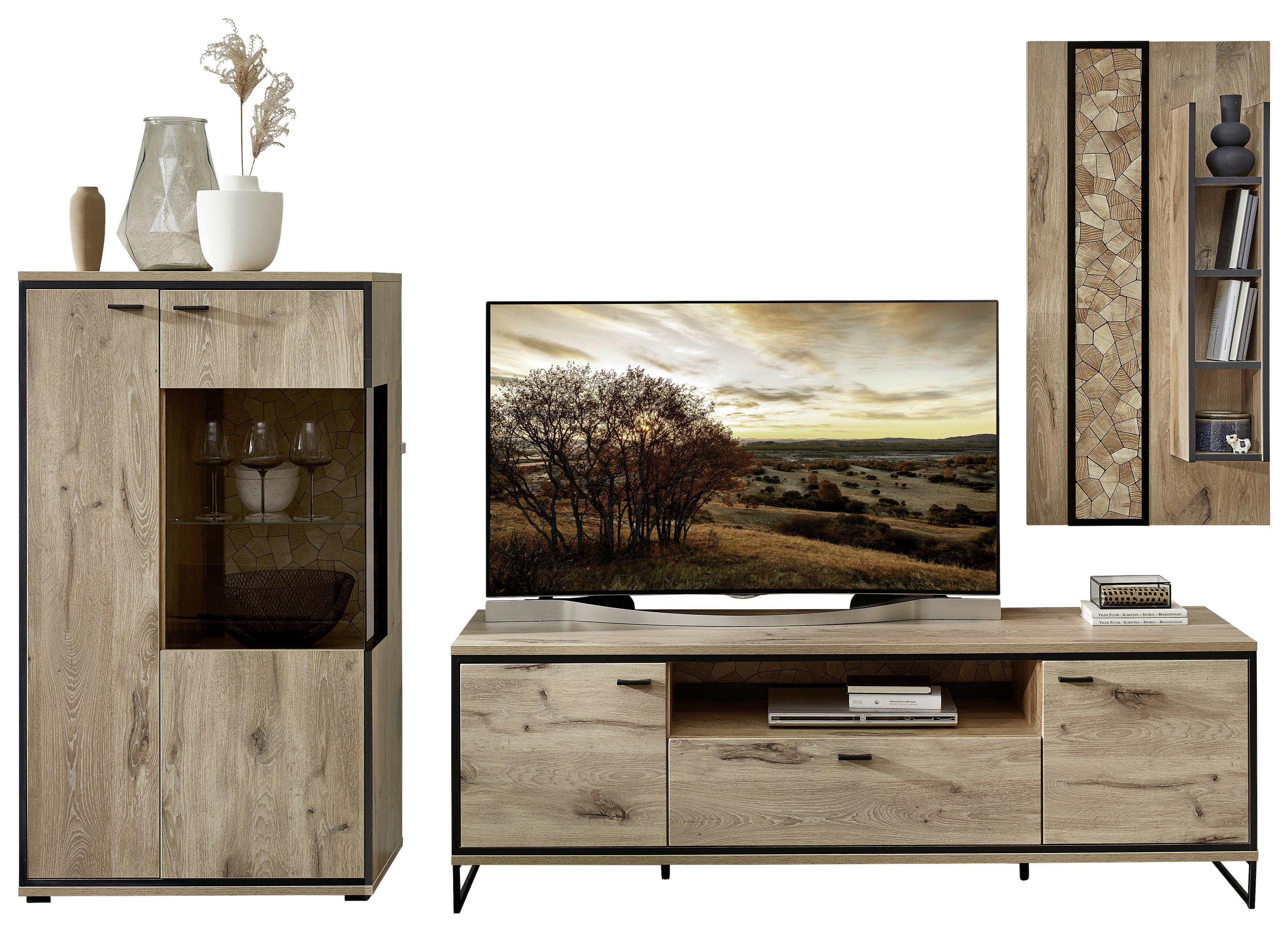 Wohnwand Ruben - Eichefarben/Schwarz, KONVENTIONELL, Glas/Holzwerkstoff (290/201/49cm) - Livetastic