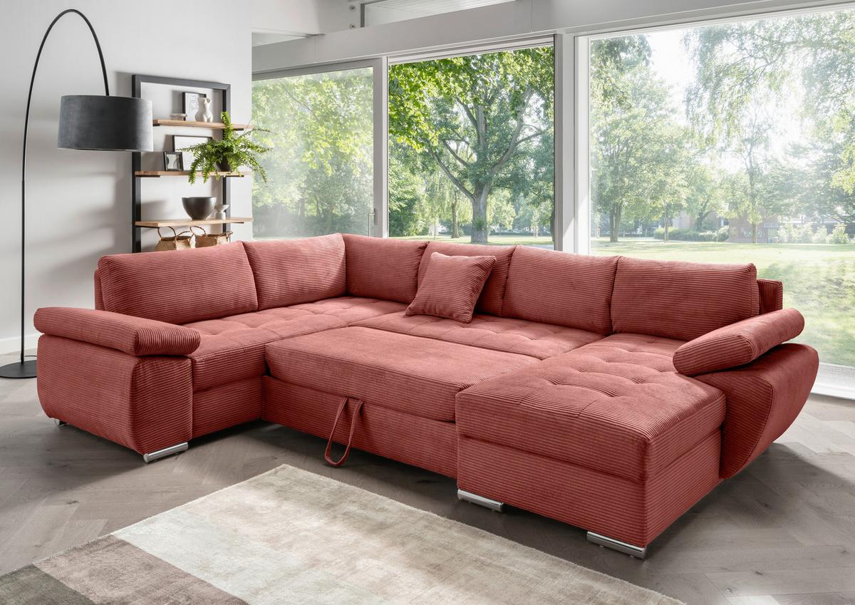 Wohnlandschaft Terana mit Schlaffunktion, Koralle - Chromfarben/Koralle, KONVENTIONELL, Textil (219/305/157cm) - Livetastic