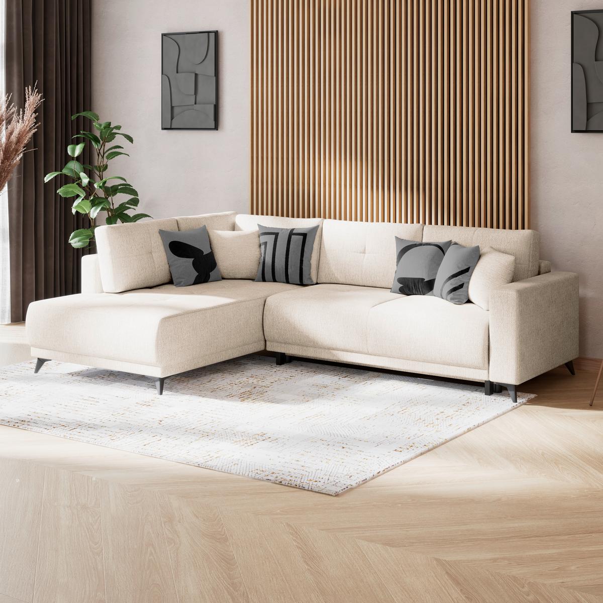 Ecksofa mit Schlaffunktion & Bettkasten Texas Beige - Beige/Schwarz, KONVENTIONELL, Holz (203/259cm)