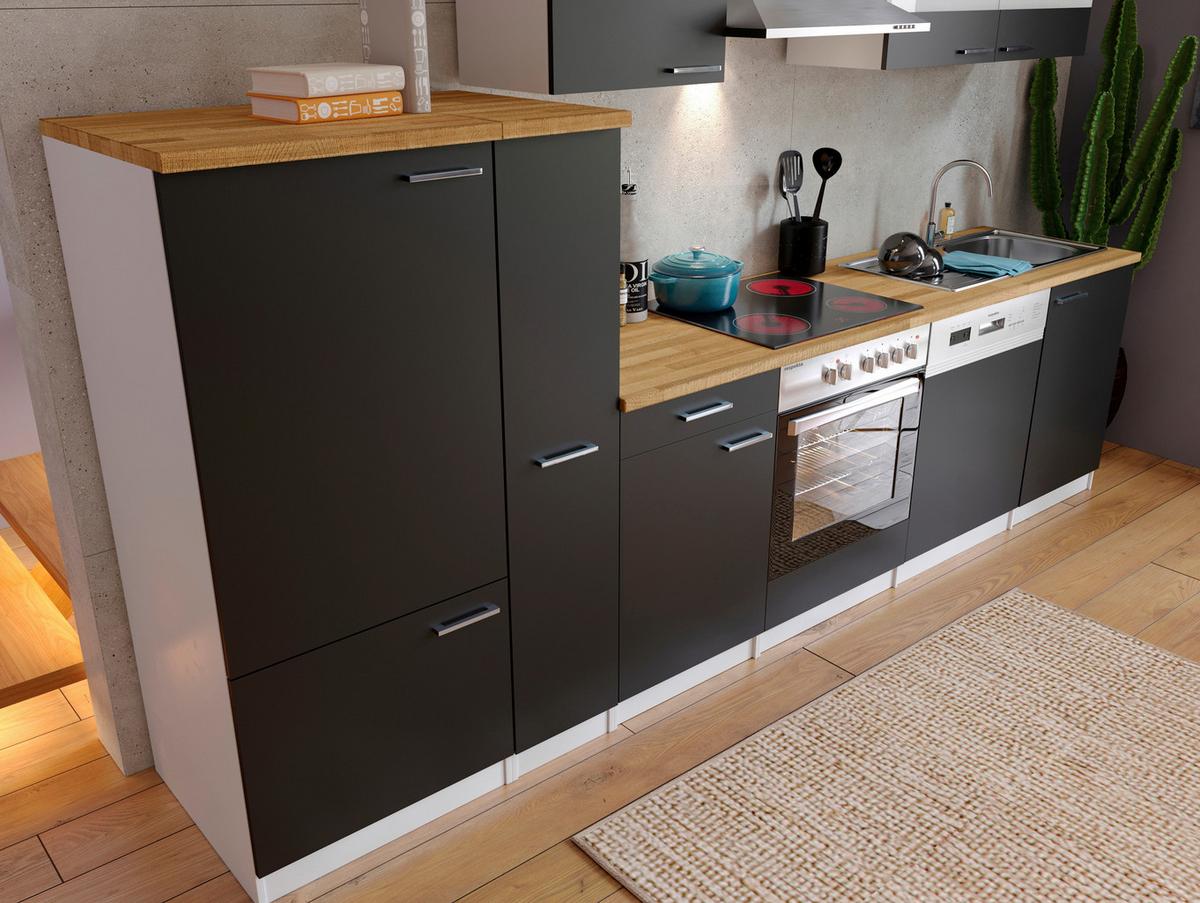 Küchenzeile ohne Geräte B: 310 cm Schwarz/Weiß/Nussbaum Dekor - Nussbaumfarben/Schwarz, Basics, Holzwerkstoff (310cm) - Respekta