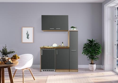 Miniküche mit Kühlschrank + Kochfeld 130 cm Grau/Eiche - Eichefarben/Grau, MODERN, Holzwerkstoff/Metall (130cm) - Respekta