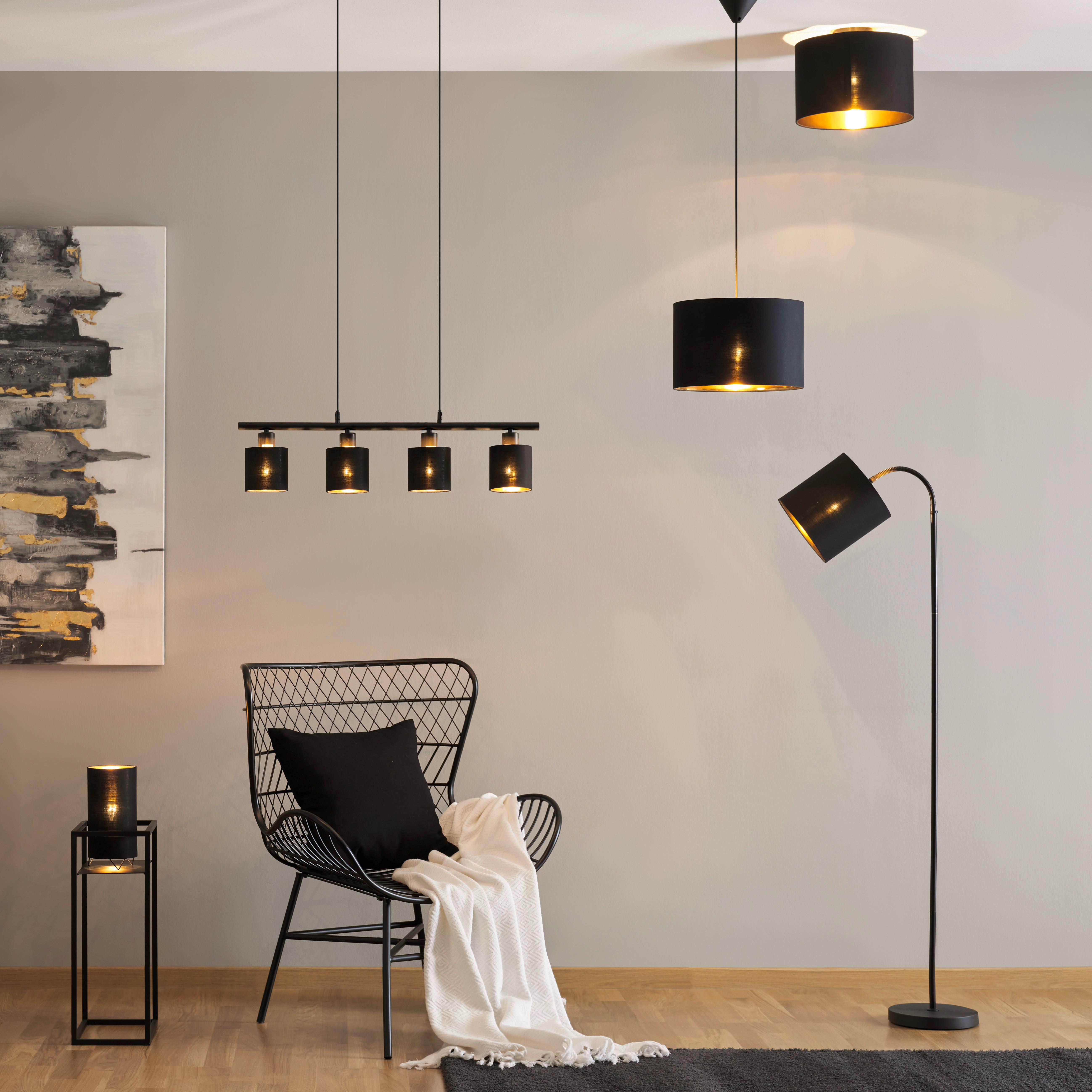 Stojacia lampa Goldi, E27 max. 25W - čierna/zlatá, Modern, kov/textil (22/20/173cm) - Mömax