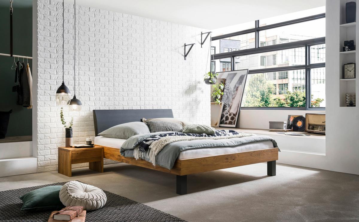 Bett Sondrio Mit Gepolstertem Kopfteil 200x200 - Wildeiche/Eichefarben, Natur, Holz/Textil (200/200cm) - Hasena