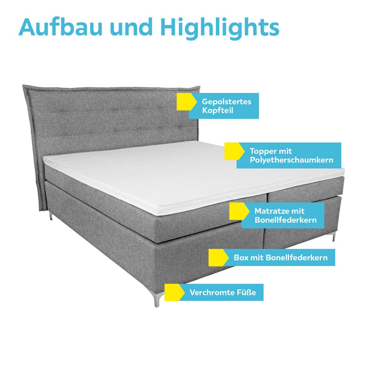 Boxspringbett mit Topper 180x200cm Fabio, Grau - Grau, MODERN, Textil (180/200cm)