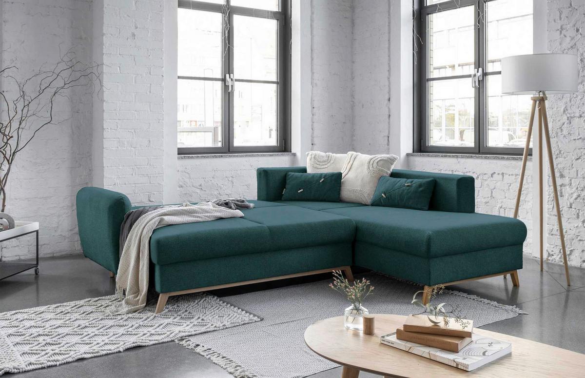 Sedačka LUCILE L, pravá, tyrkysová, úl.prostor a lůžko - přírodní barvy/tyrkysová, dřevo/textil (242/202cm) - MID.YOU