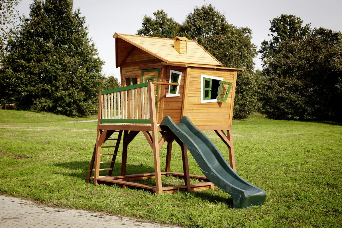 Spielhaus Holz Mit Rutsche Und Kletterwand Braun Grün Max - Braun/Naturfarben, KONVENTIONELL, Holz (435/291/180cm) - Ambia Garden
