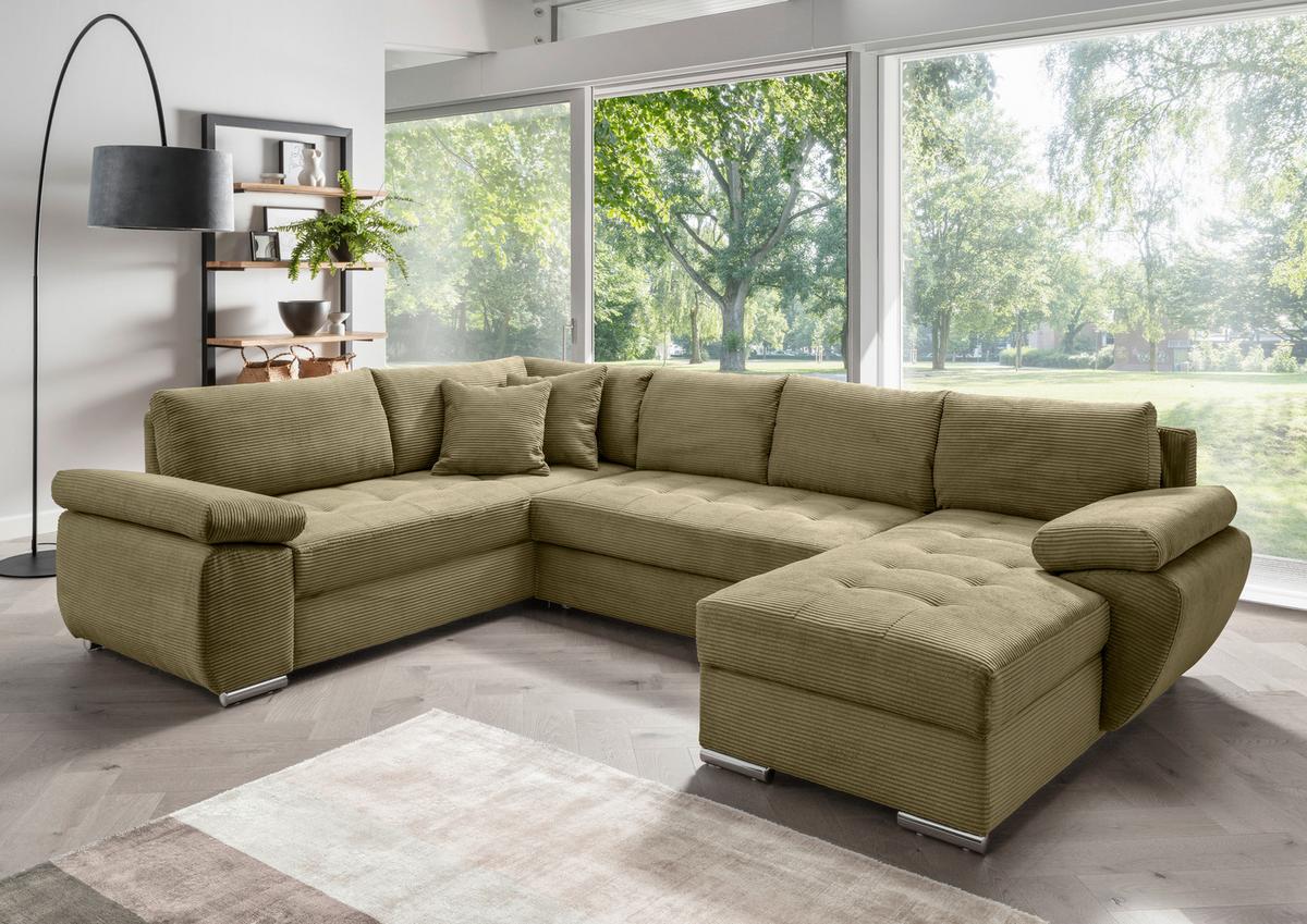 Wohnlandschaft Terana mit Schlaffunktion, Olivgrün - Chromfarben/Olivgrün, KONVENTIONELL, Textil (219/305/157cm) - Livetastic