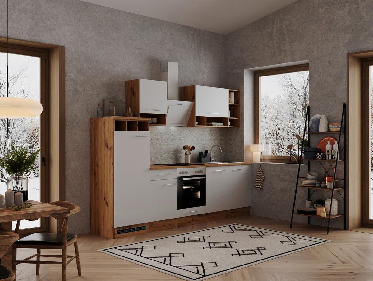 Küchenzeile Economy mit Geräte B: 280 cm Weiß/Eiche Dekor - Wildeiche/Weiß, Basics, Holzwerkstoff (280cm) - Respekta