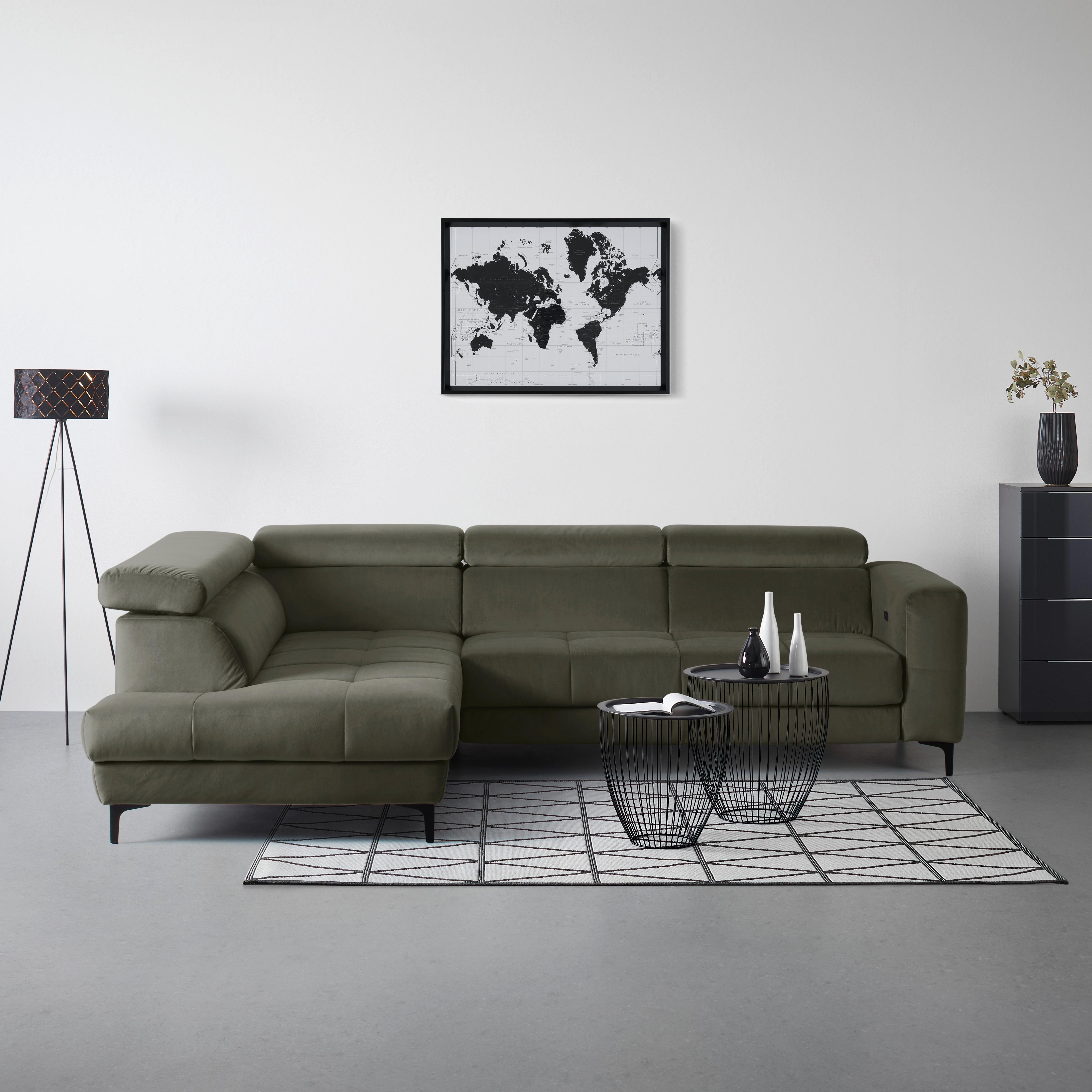 Rohová sedačka EMMA, levá, šedozelená,op.hl.,USB,el.výsuv - černá/šedozelená, Moderní, textil (210/301cm) - Premium Living