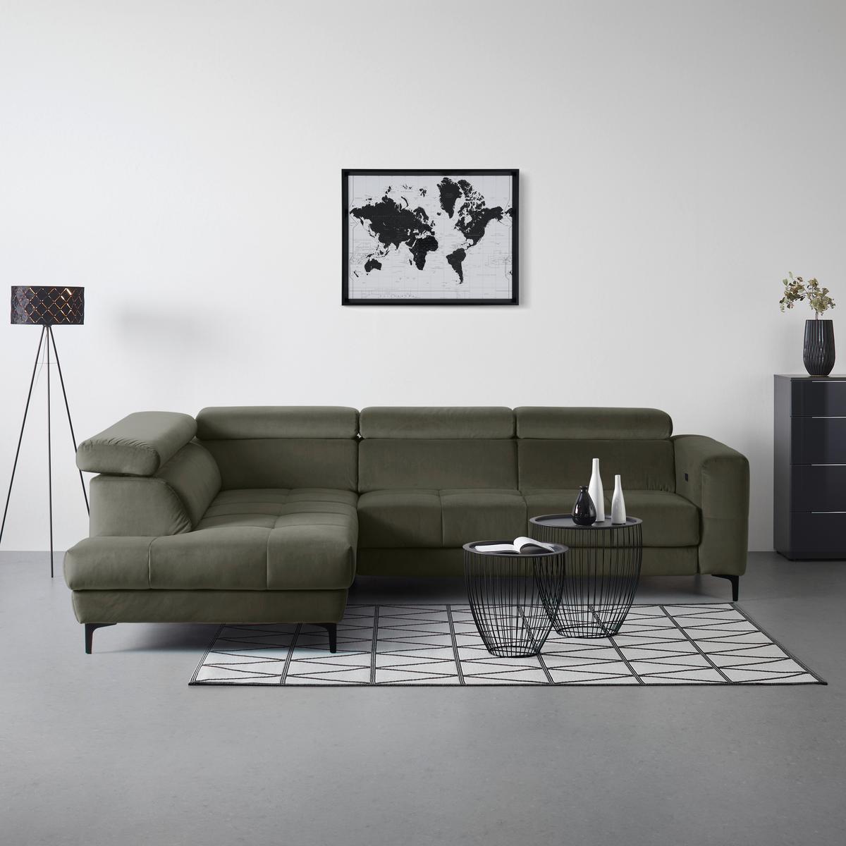 Rohová sedačka EMMA, levá, šedozelená,op.hl.,USB,el.výsuv - černá/šedozelená, Moderní, textil (210/301cm) - Premium Living