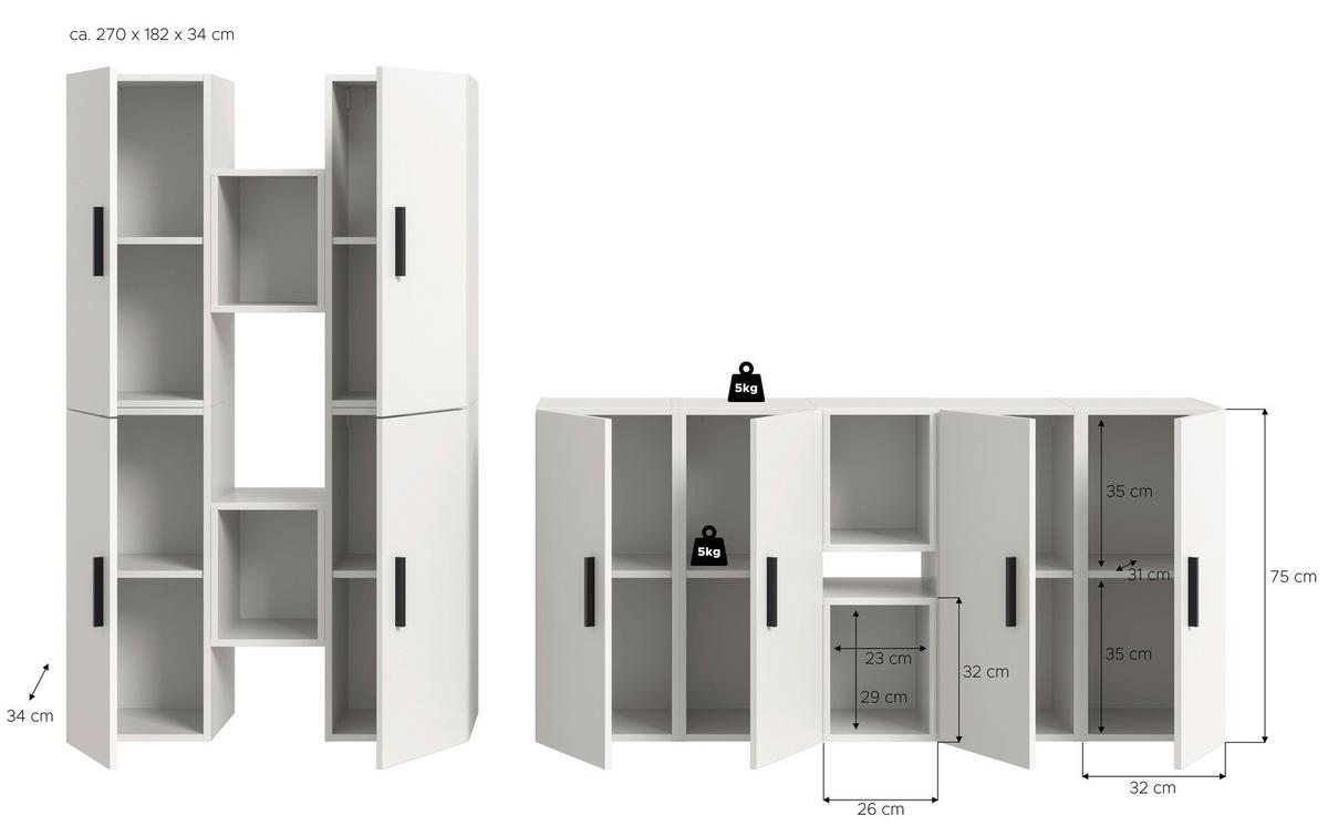 Wohnwand, The ONE 5, B: 270 cm Weiss - Schwarz/Weiß, Trend, Holzwerkstoff (270/182/34cm)