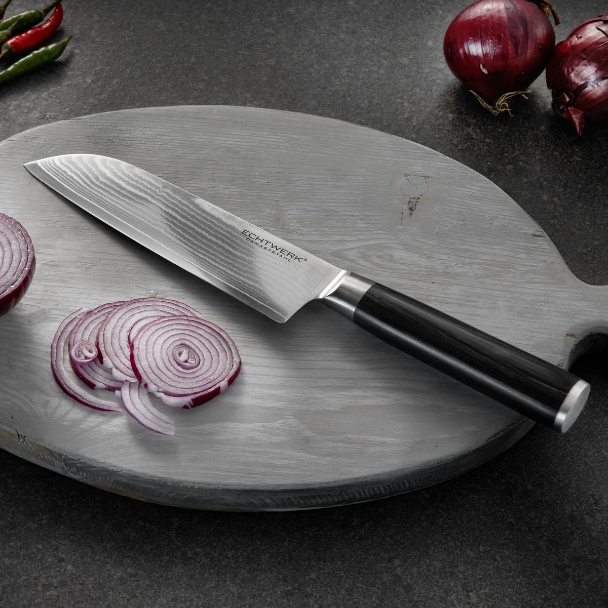 NÔŽ SANTOKU damašková oceľ - farba ušľachtilej ocele, Modern, kov (30,5cm) - Echtwerk