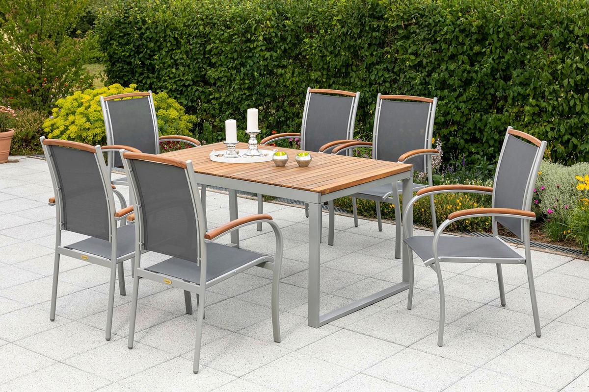 Gartentischgruppe Siena 7-Tlg. Aus Akazie, Tisch ausziehbar - Silberfarben/Naturfarben, KONVENTIONELL, Holz/Textil - Gardenson