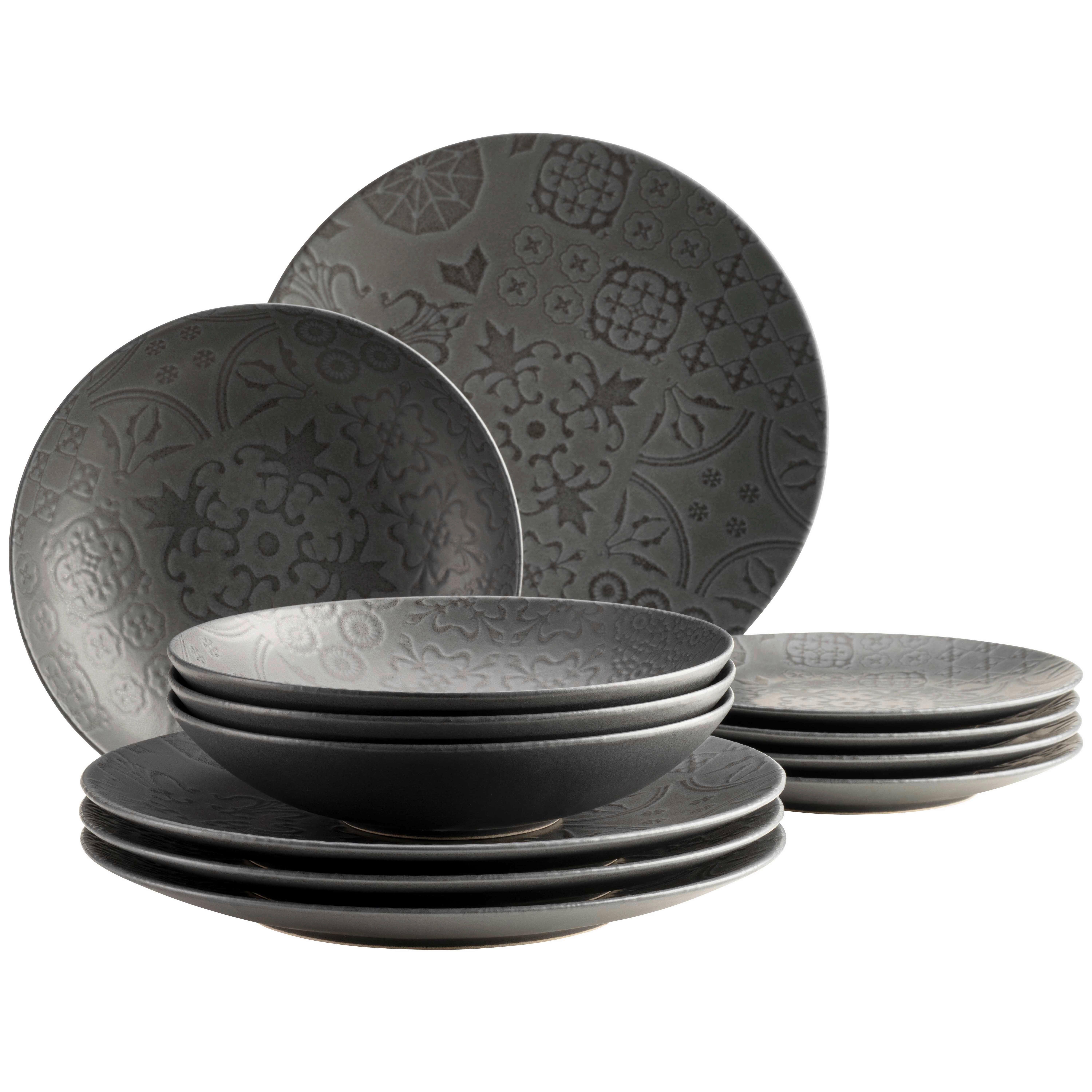 Tafelservice Schwarz 4 Personen 12-Teilig - Schwarz, Basics, Keramik - Mäser