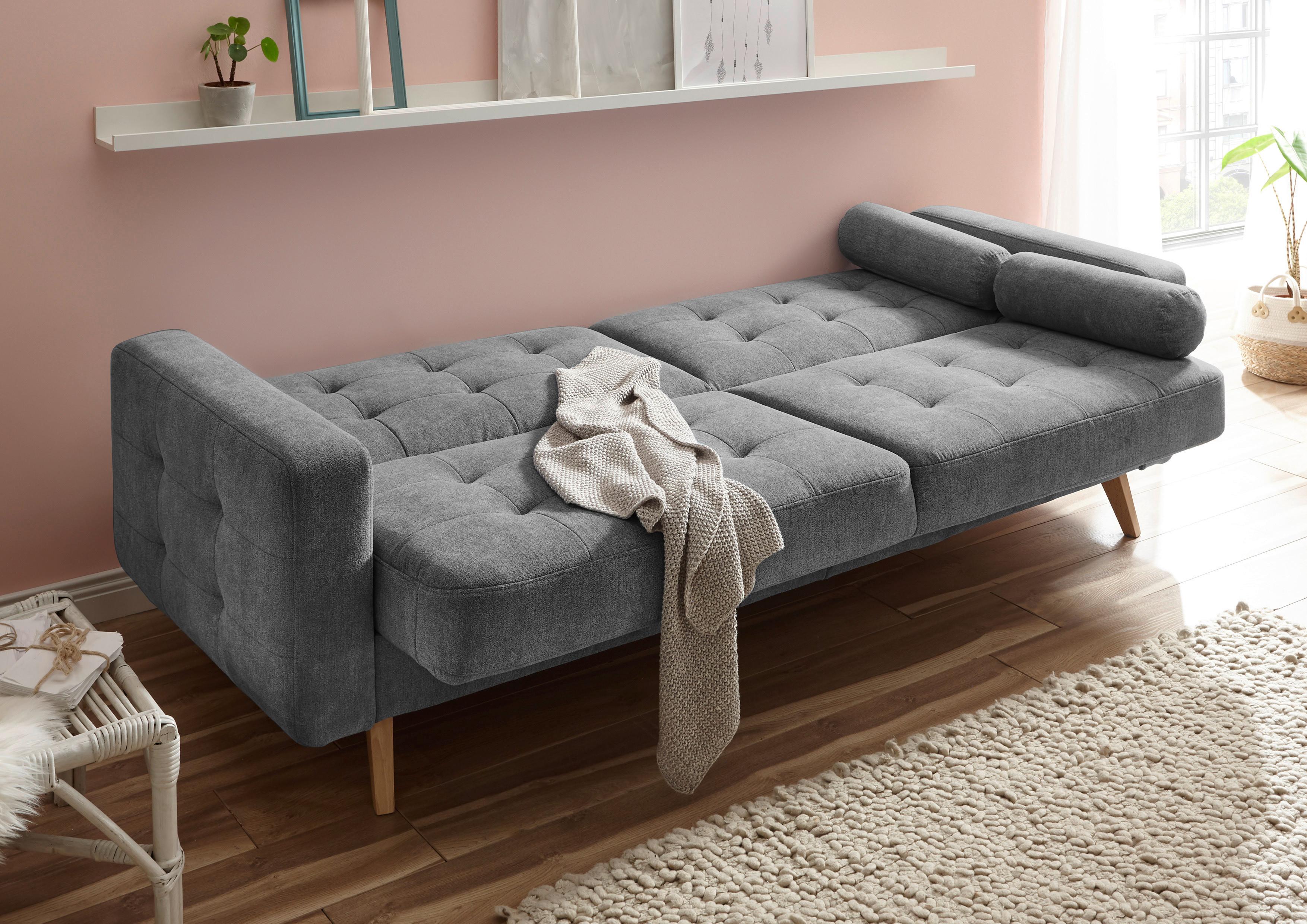 Schlafsofa Mit Bettkasten Und Kissen Fjord, Webstoff - Dunkelgrau/Eichefarben, MODERN, Holzwerkstoff/Textil (222/86/90cm) - MID.YOU