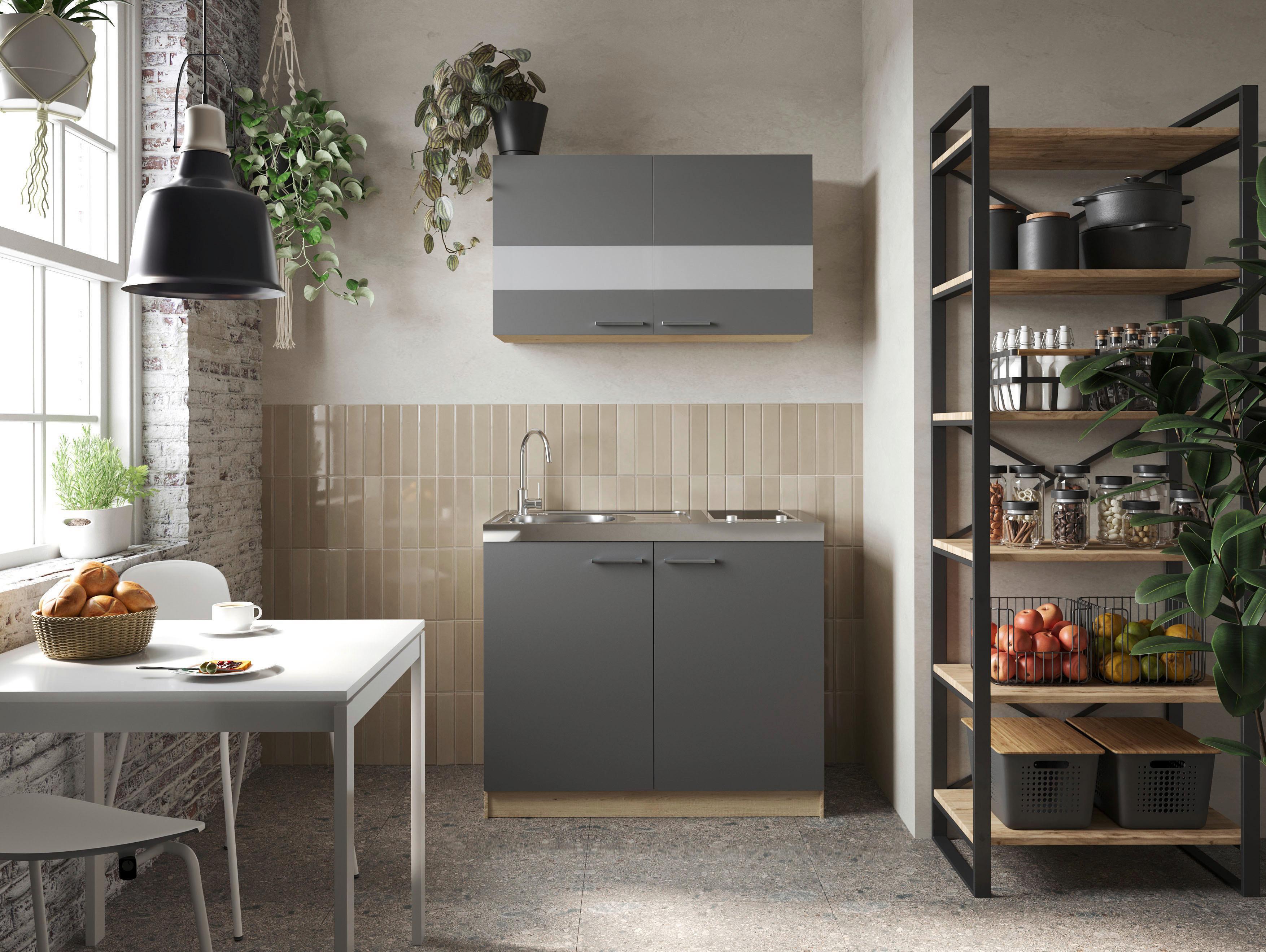 Miniküche Merle Grau/Eiche Dekor B:100cm - Eichefarben/Grau, Basics, Glas/Holzwerkstoff (100cm) - Respekta