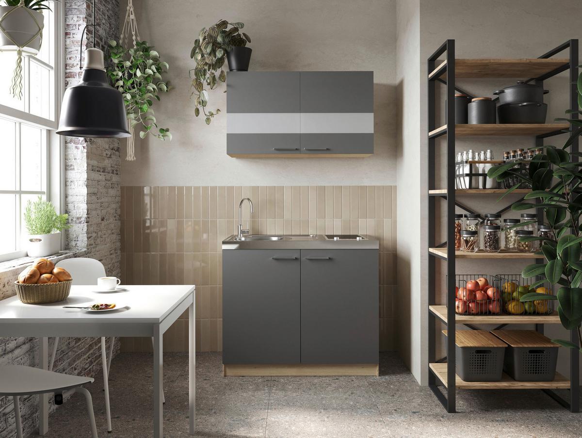 Miniküche Merle Grau/Eiche Dekor B:100cm - Eichefarben/Grau, Basics, Glas/Holzwerkstoff (100cm) - Respekta