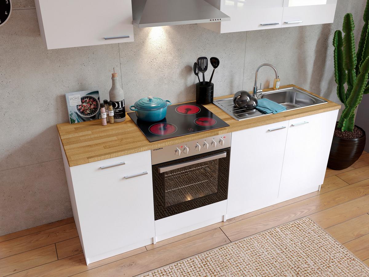 Küchenzeile Economy mit Geräten 210 cm Weiß/Nussbaum Dekor - Nussbaumfarben/Weiß, Basics, Holzwerkstoff (210cm) - Respekta
