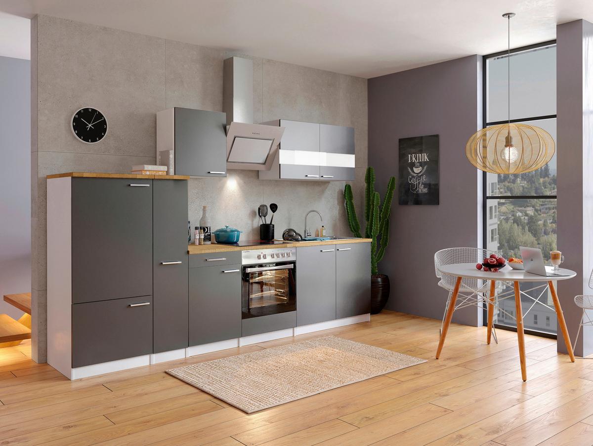 Küchenzeile Economy M. Geräten 300 Cm Grau/nussbaum Dekor - Nussbaumfarben/Weiß, Basics, Holzwerkstoff (300cm) - Respekta