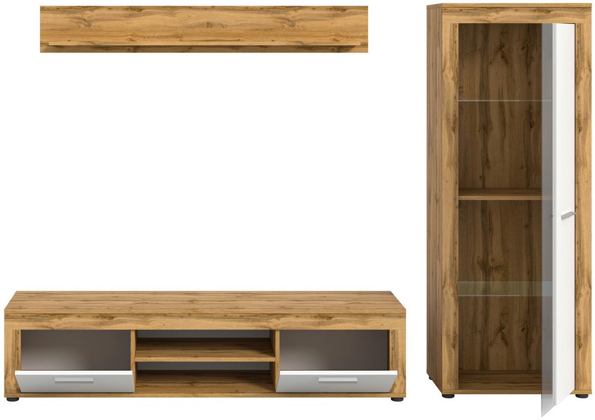 Wohnwand Jam Eiche Dekor Weiß 3-Teilig B: 235 Cm - Eiche Wotan/Schwarz, Design, Glas/Holzwerkstoff (235/159/35cm) - MID.YOU