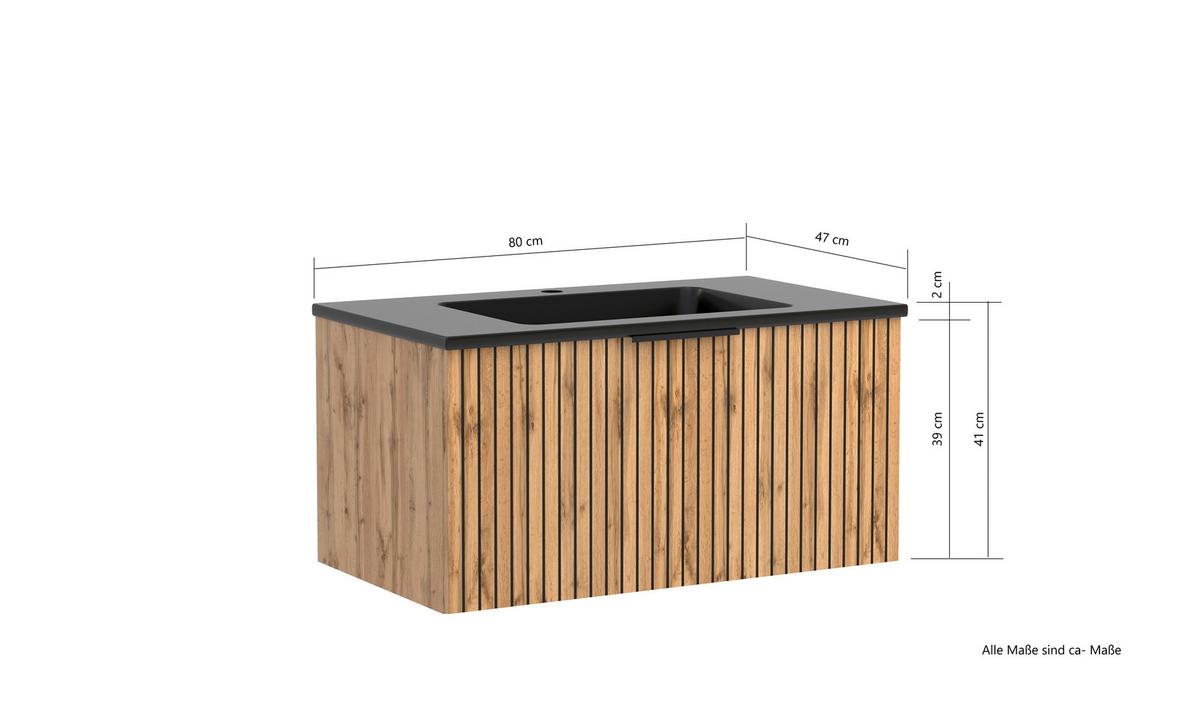 Waschbecken Mit Unterschrank Chester B: 80 Cm - Eiche Wotan/Schwarz, MODERN, Holzwerkstoff/Stein (80cm) - Held