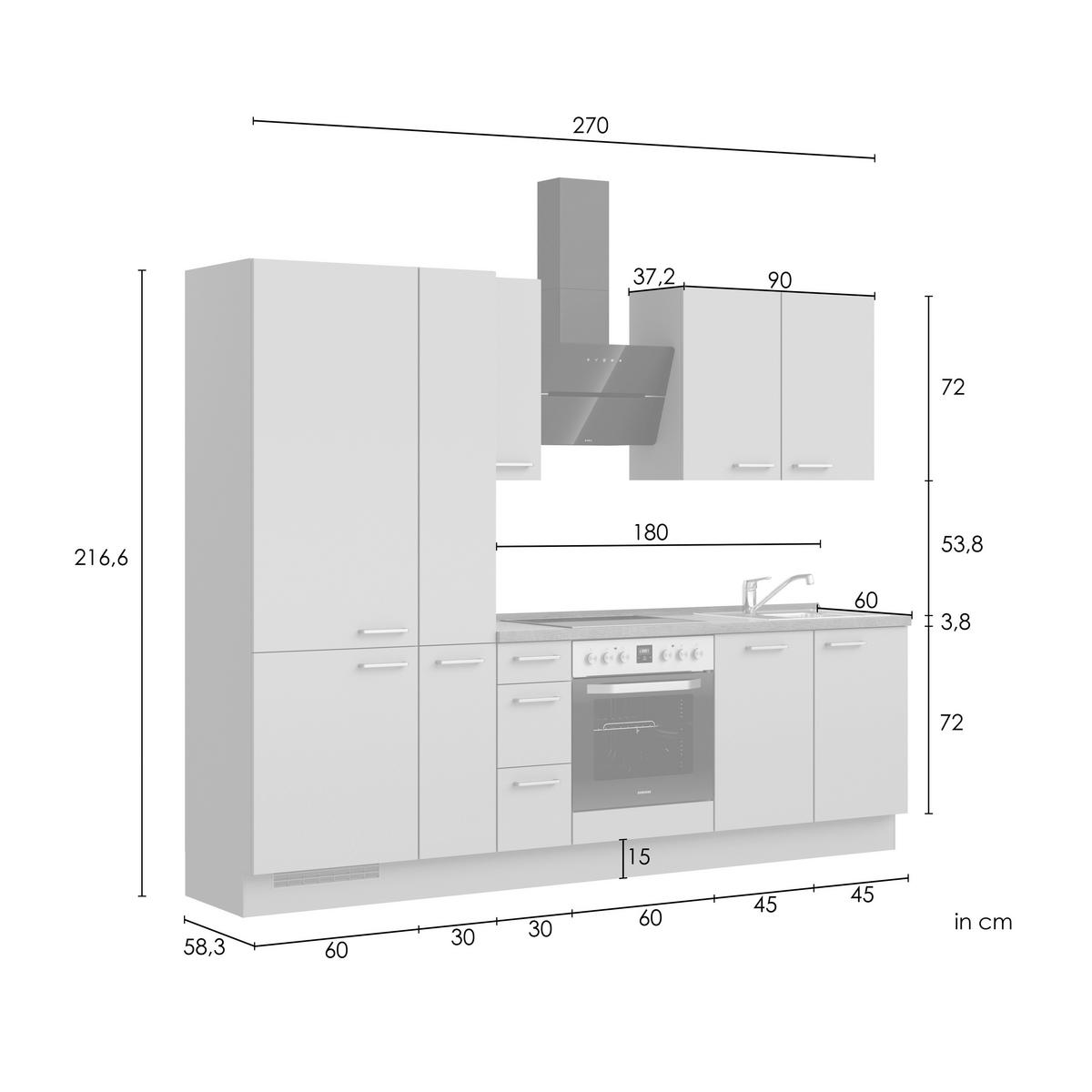 Kuchyňská linka 270 cm, modrošedá / barva dub - barvy dubu/modrošedá, Romantický / Rustikální, kov/kompozitní dřevo (270cm) - Nobilia