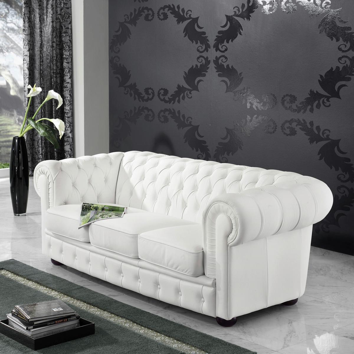 Chesterfield-Sofa Bridgeport Weiß 3-Sitzer, Lederlook - Nussbaumfarben/Weiß, Design, Textil (200/76/98cm) - Max Winzer