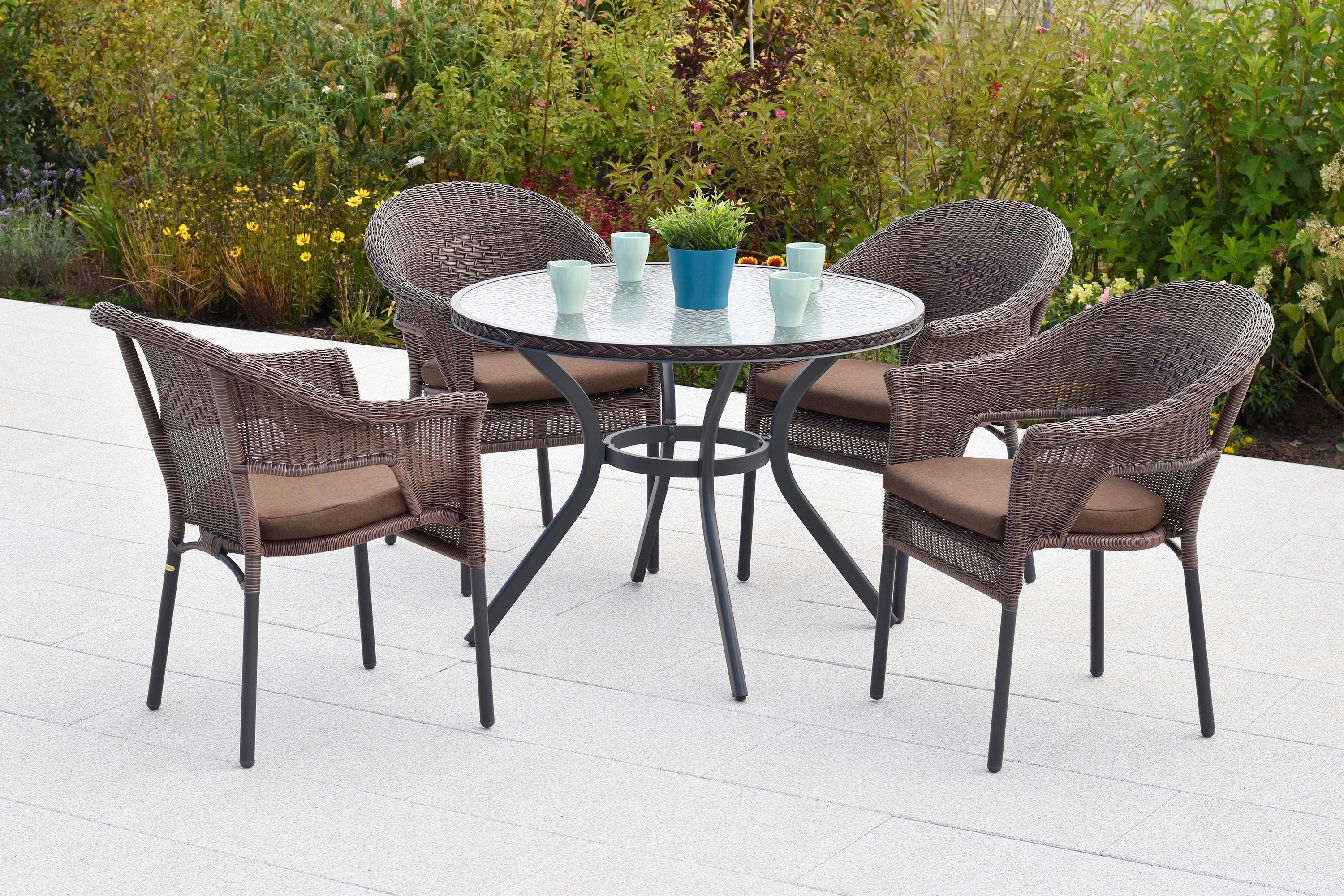 Gartentischgruppe Ravenna 5--teilig. aus Kunststoffgeflecht - Dunkelbraun/Graphitfarben, KONVENTIONELL, Glas/Kunststoff - Gardenson