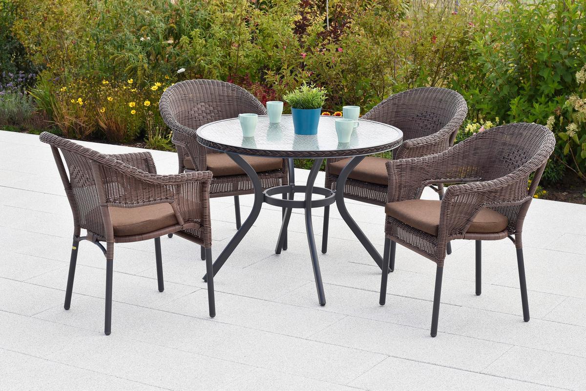 Gartentischgruppe Ravenna 5--teilig. aus Kunststoffgeflecht - Dunkelbraun/Graphitfarben, KONVENTIONELL, Glas/Kunststoff - Gardenson