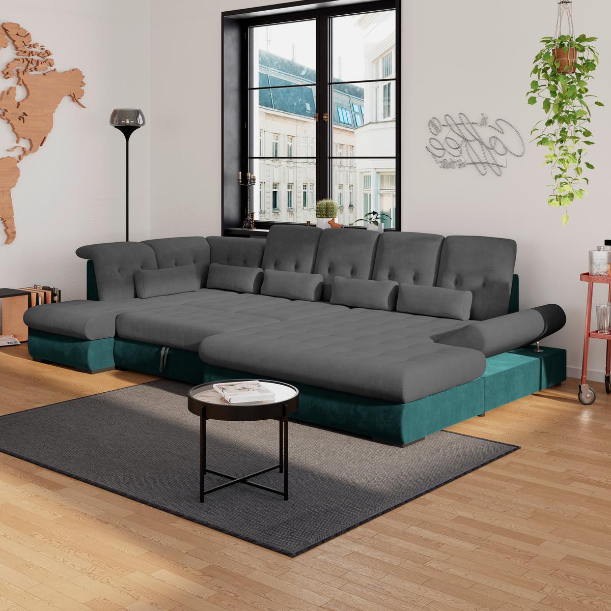Wohnlandschaft Madera Anthrazit S: 212x358 cm - Türkis/Anthrazit, KONVENTIONELL, Kunststoff/Textil (212/358/190cm)