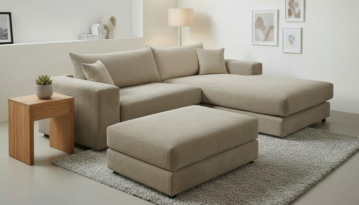 Ecksofa Funny S Rechts Hbraun mit Hocker S: 265x180 cm - Hellbraun/Schwarz, Basics, Textil (265/180cm) - Livetastic