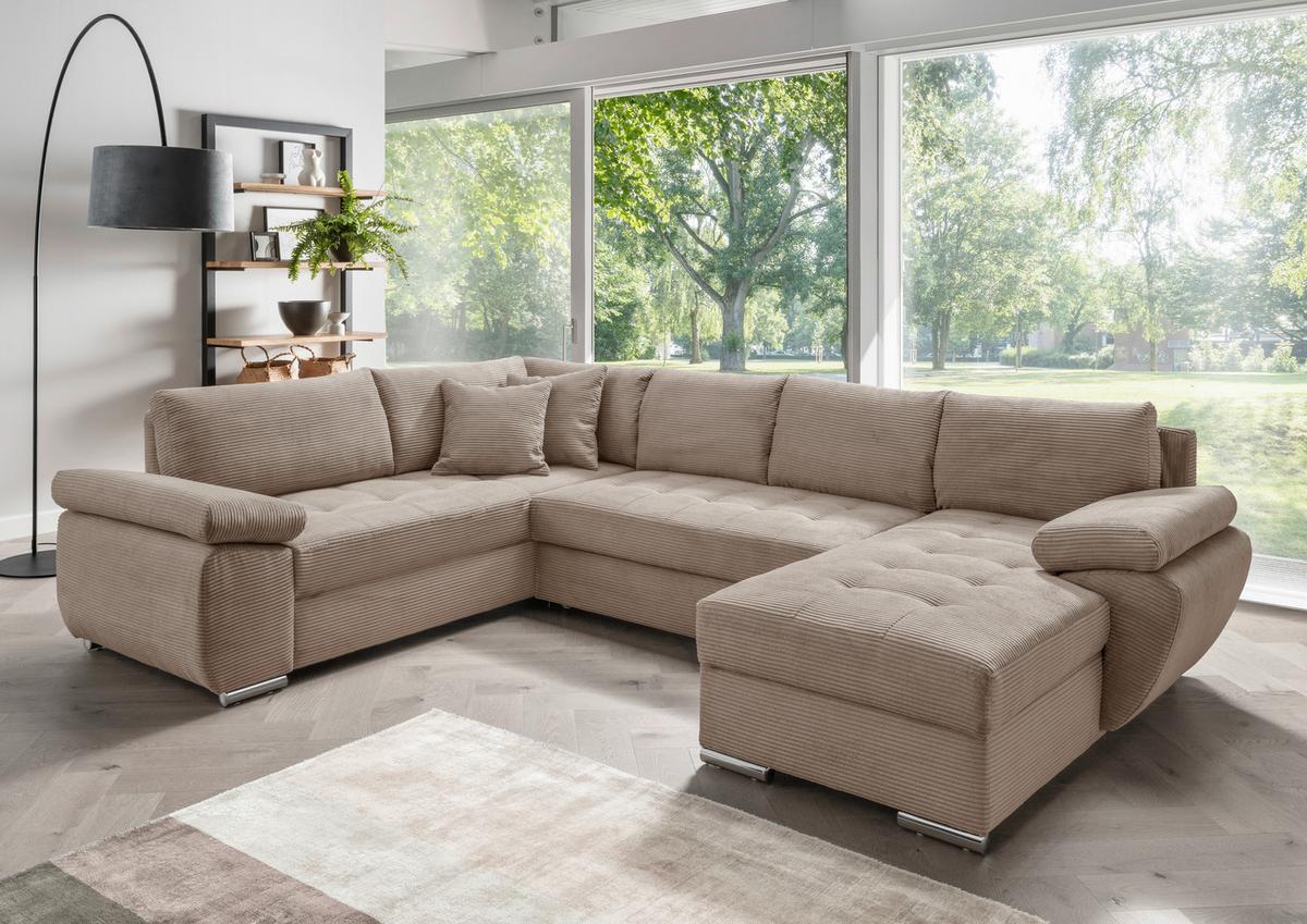 Wohnlandschaft Terana mit Schlaffunktion, Graubraun - Chromfarben/Graubraun, KONVENTIONELL, Textil (219/305/157cm) - Livetastic