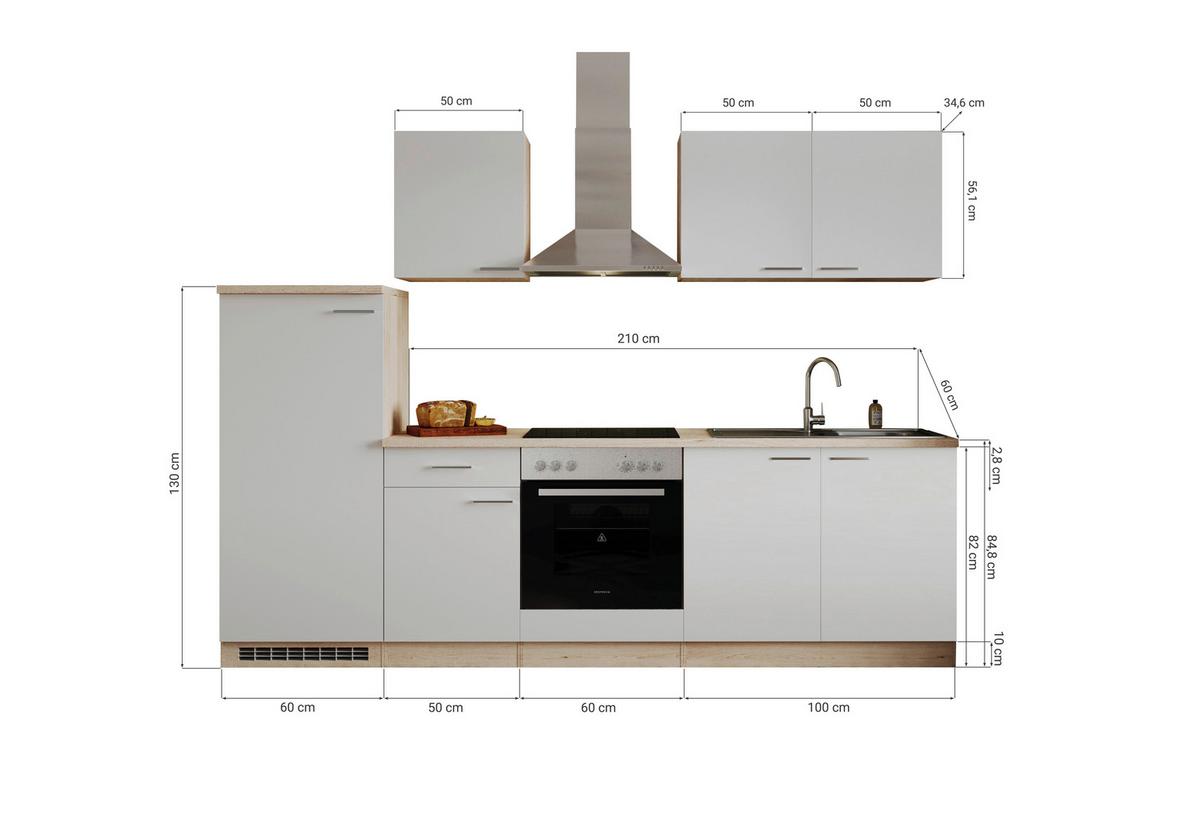 Küchenzeile Economy m. Geräten 270 cm Weiß/Eiche Dekor modern - Eichefarben/Weiß, Basics, Holzwerkstoff (270cm) - Respekta